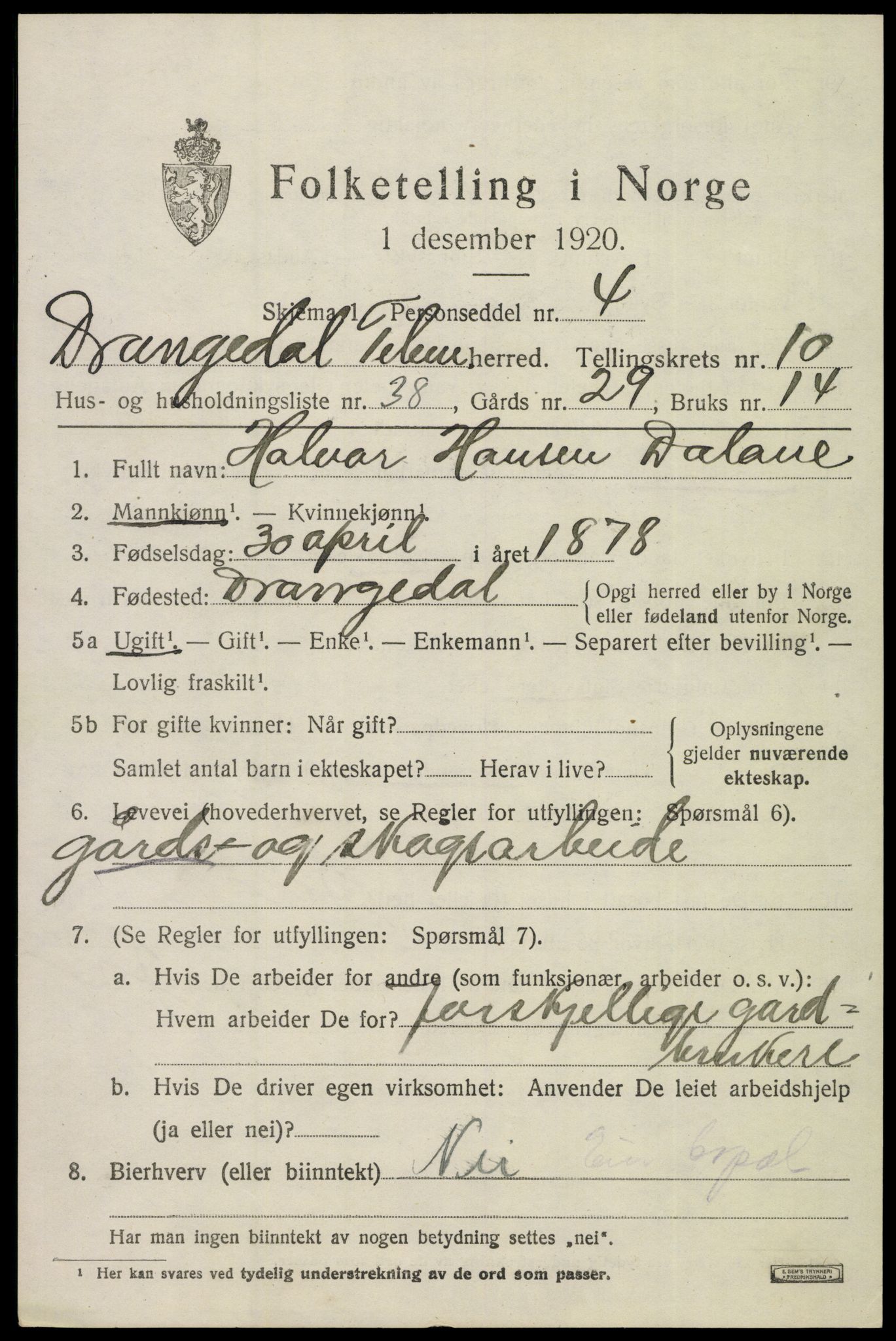 SAKO, 1920 census for Drangedal, 1920, p. 6615