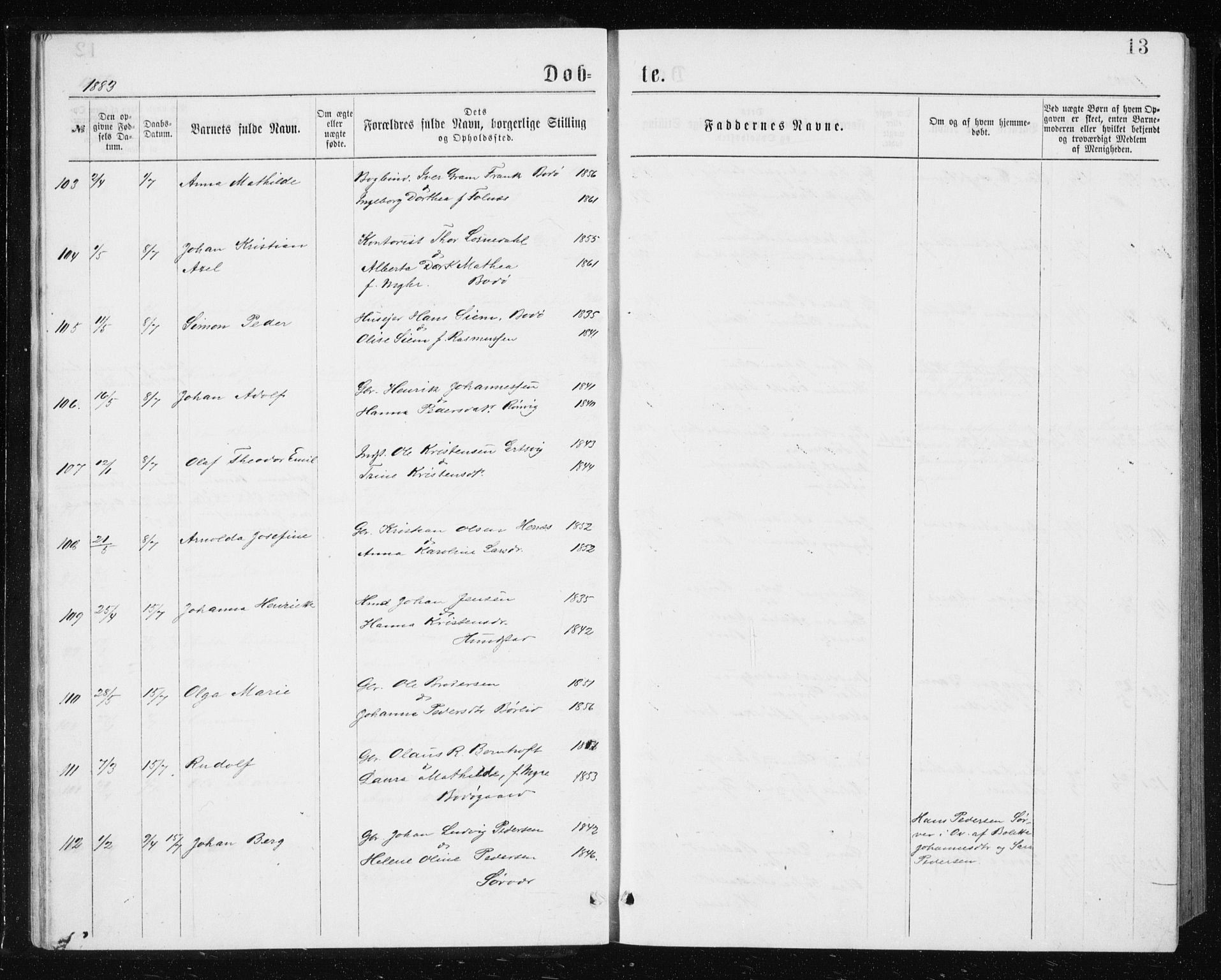 Ministerialprotokoller, klokkerbøker og fødselsregistre - Nordland, AV/SAT-A-1459/801/L0031: Parish register (copy) no. 801C06, 1883-1887, p. 13