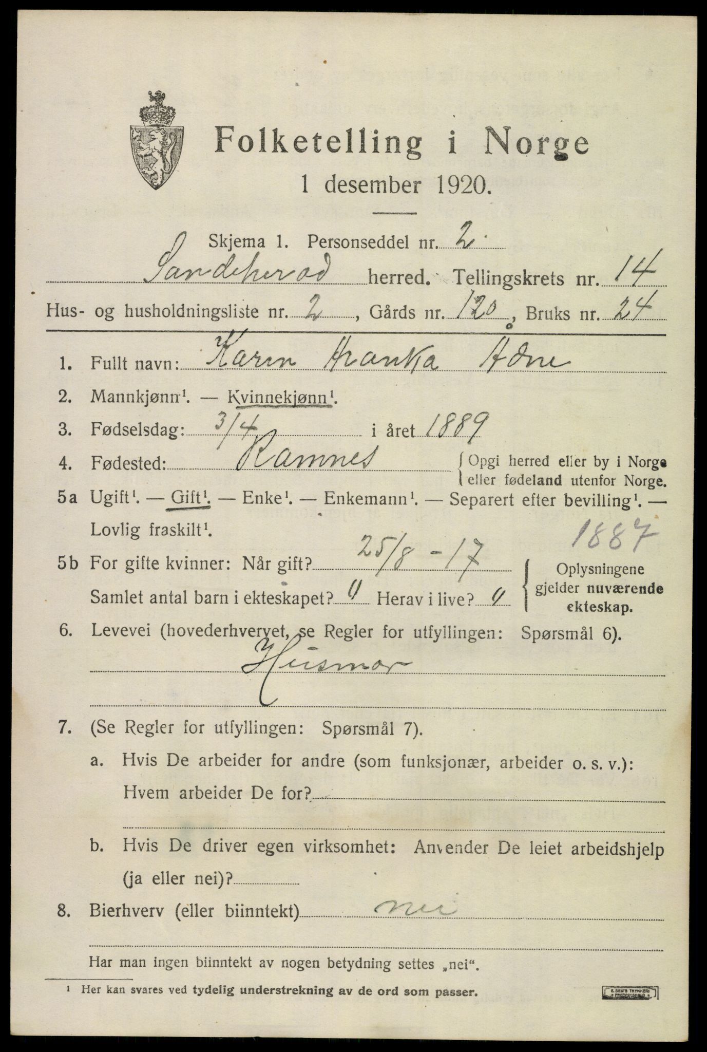 SAKO, 1920 census for Sandeherred, 1920, p. 20202