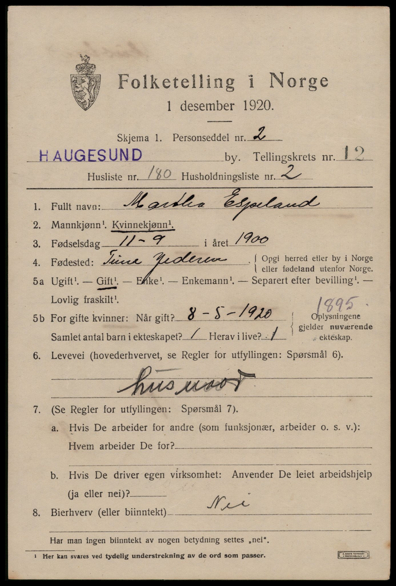 SAST, 1920 census for Haugesund, 1920, p. 41453