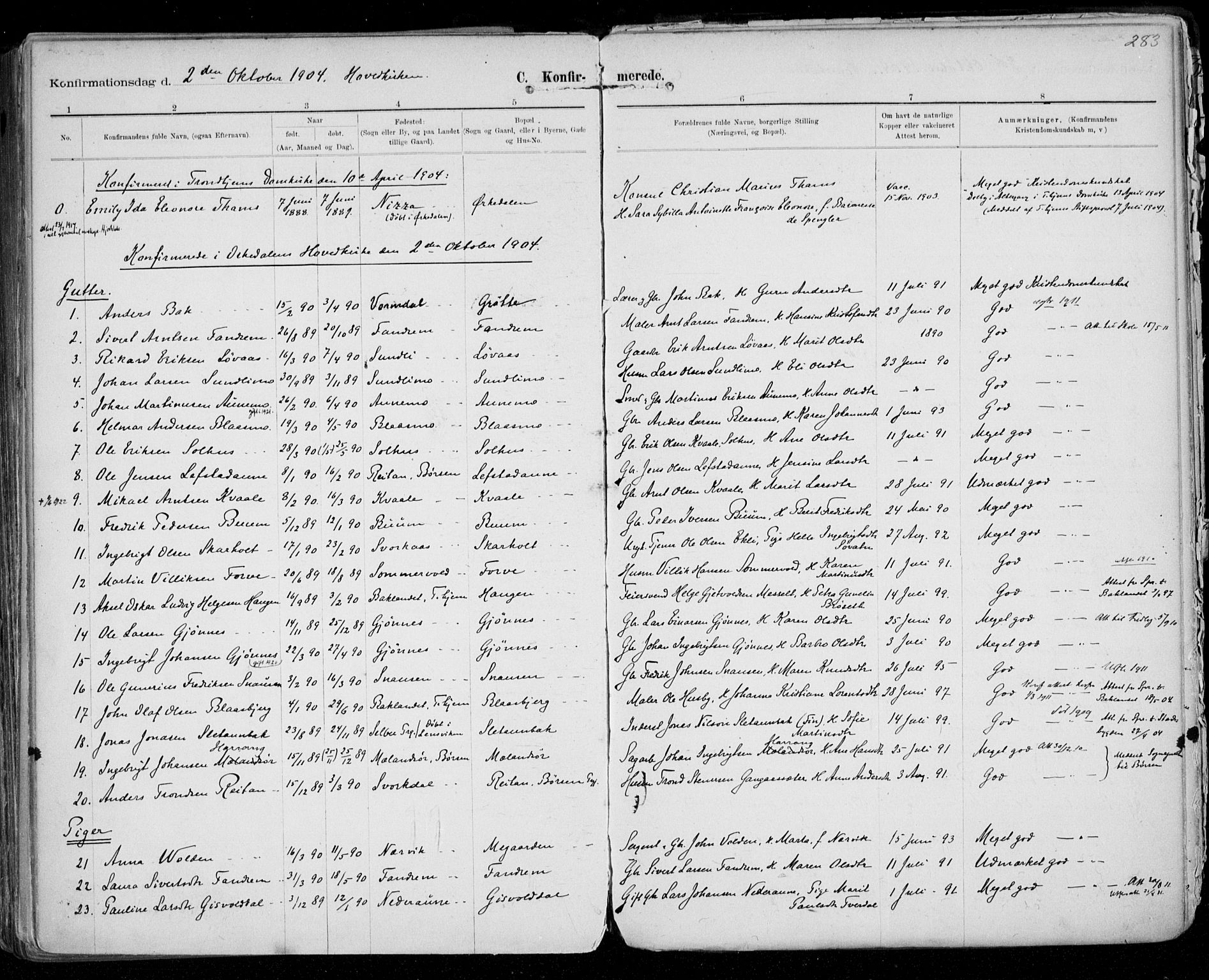 Ministerialprotokoller, klokkerbøker og fødselsregistre - Sør-Trøndelag, SAT/A-1456/668/L0811: Parish register (official) no. 668A11, 1894-1913, p. 283