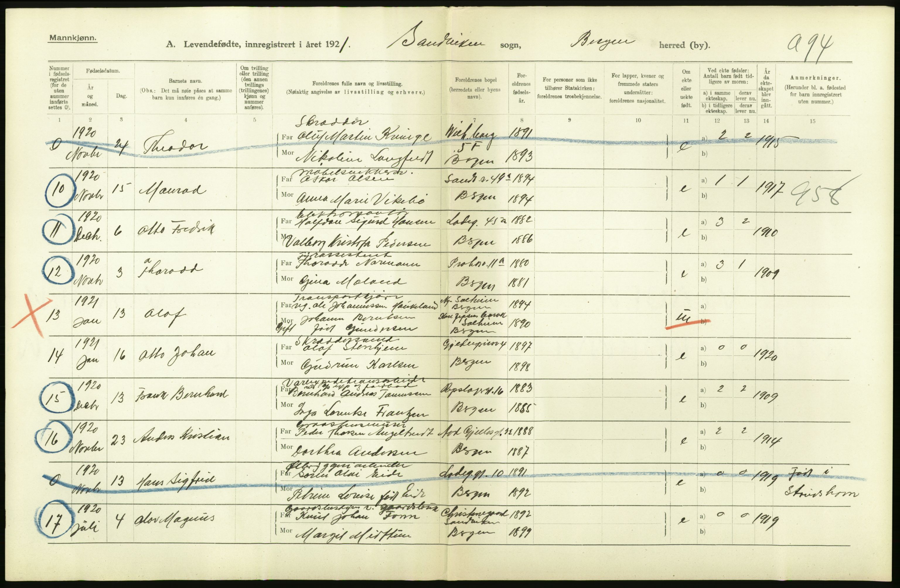 Statistisk sentralbyrå, Sosiodemografiske emner, Befolkning, AV/RA-S-2228/D/Df/Dfc/Dfca/L0034: Bergen: Levendefødte menn og kvinner., 1921, p. 4