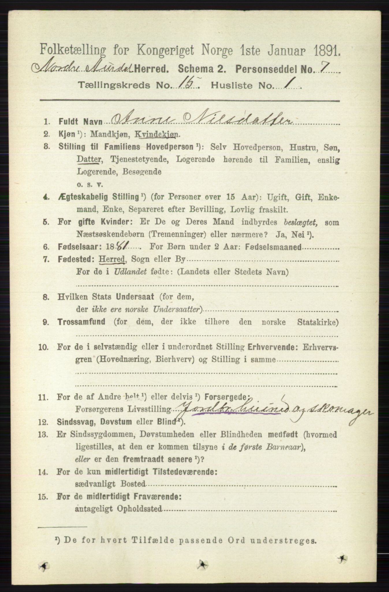 RA, 1891 census for 0542 Nord-Aurdal, 1891, p. 5747