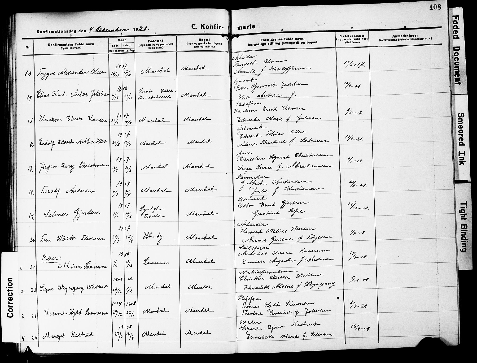 Mandal sokneprestkontor, SAK/1111-0030/F/Fb/Fbc/L0001: Parish register (copy) no. B 1, 1918-1931, p. 108