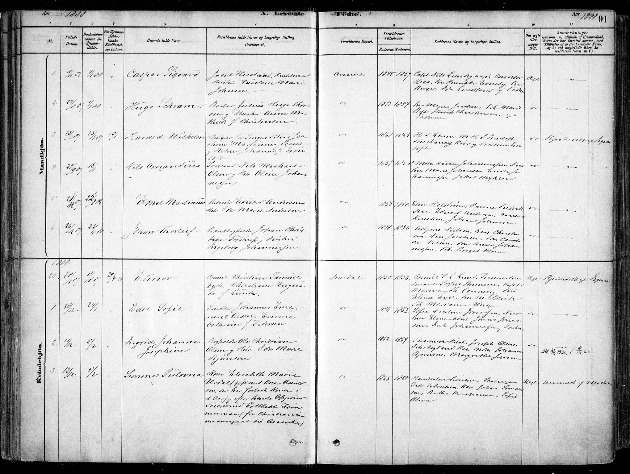 Arendal sokneprestkontor, Trefoldighet, AV/SAK-1111-0040/F/Fa/L0008: Parish register (official) no. A 8, 1878-1899, p. 91