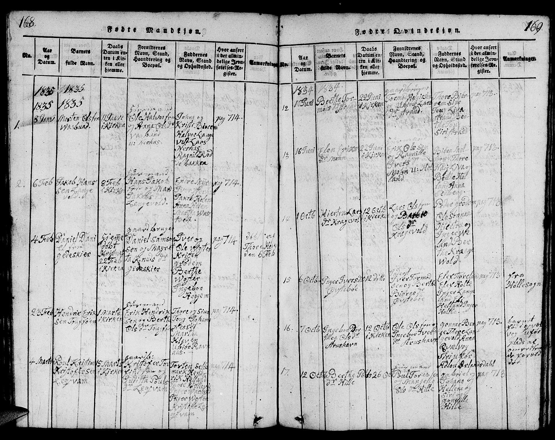 Strand sokneprestkontor, AV/SAST-A-101828/H/Ha/Hab/L0001: Parish register (copy) no. B 1, 1816-1854, p. 168-169