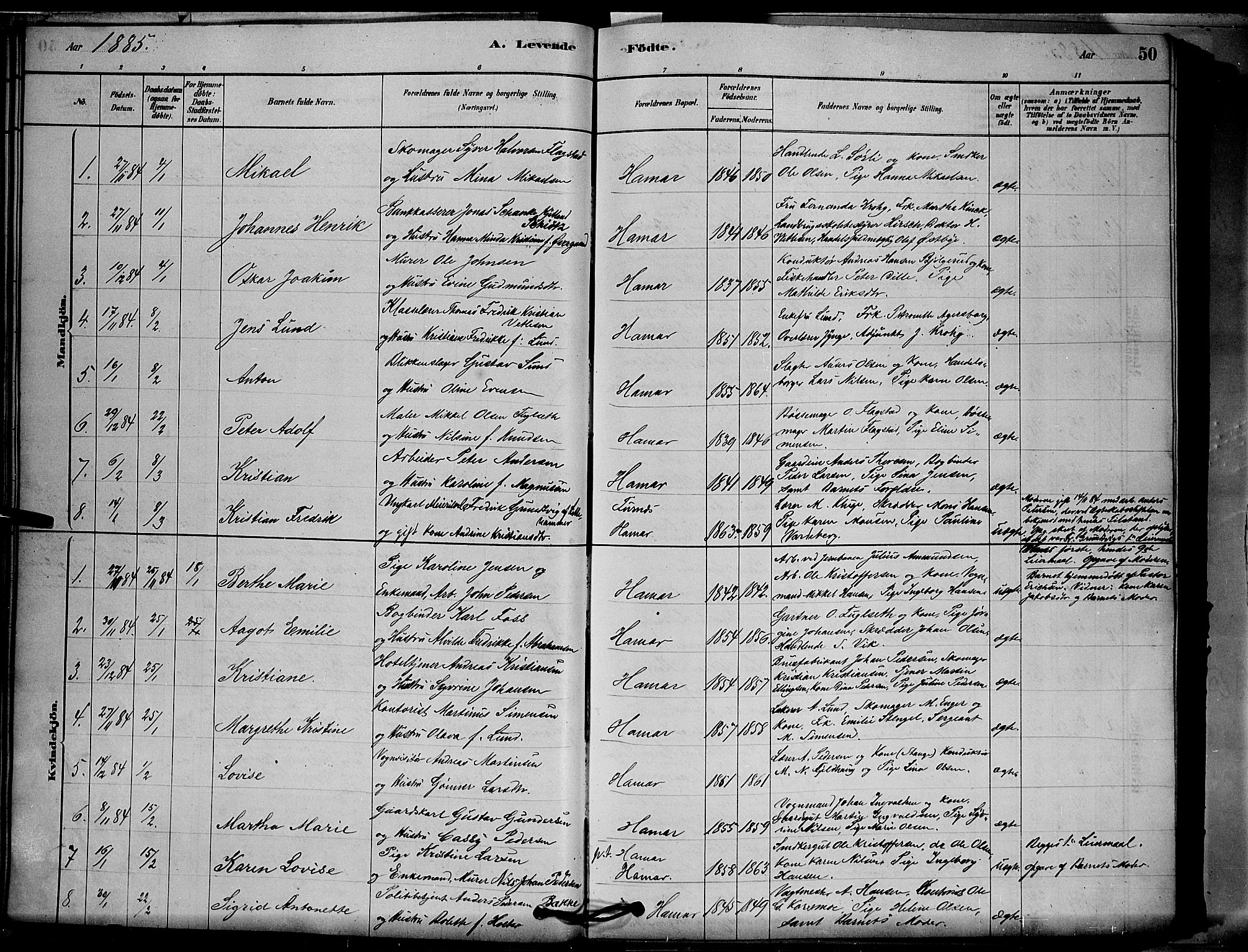 Vang prestekontor, Hedmark, SAH/PREST-008/H/Ha/Hab/L0012: Parish register (copy) no. 12, 1878-1889, p. 50