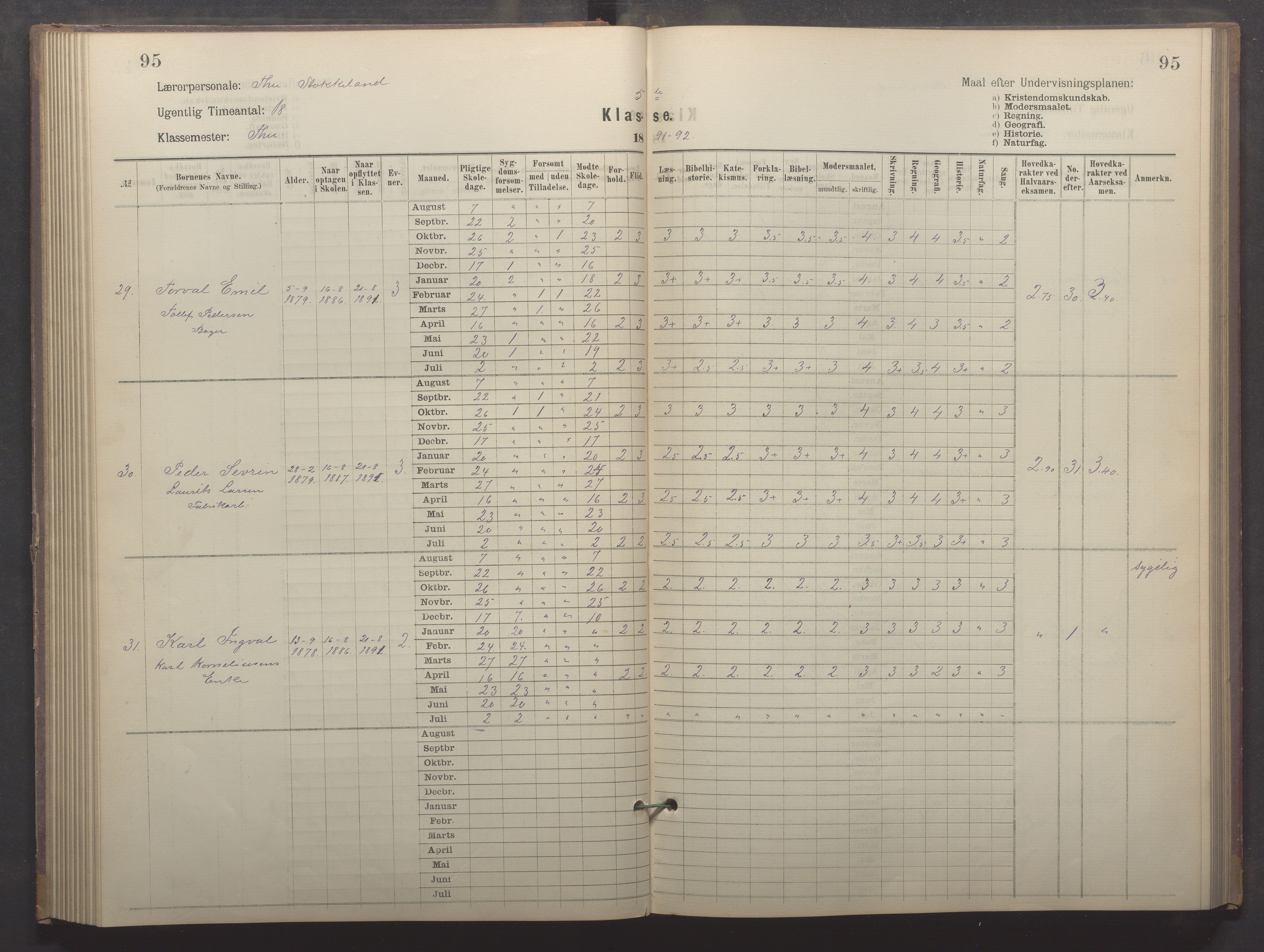 Egersund kommune (Ladested) - Egersund almueskole/folkeskole, IKAR/K-100521/H/L0022: Skoleprotokoll - Almueskolen, 5. klasse, 1886-1892, p. 95