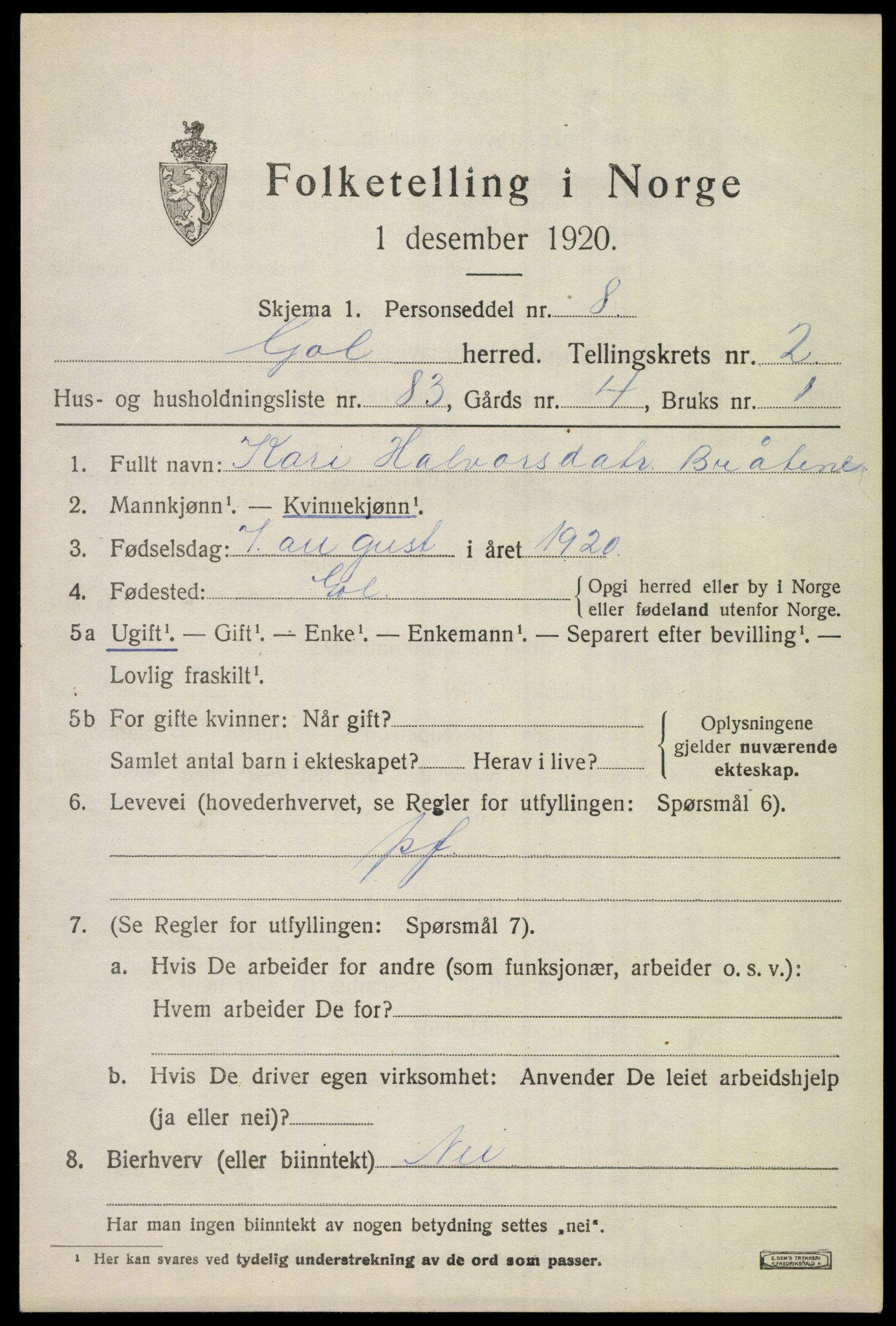 SAKO, 1920 census for Gol, 1920, p. 2178