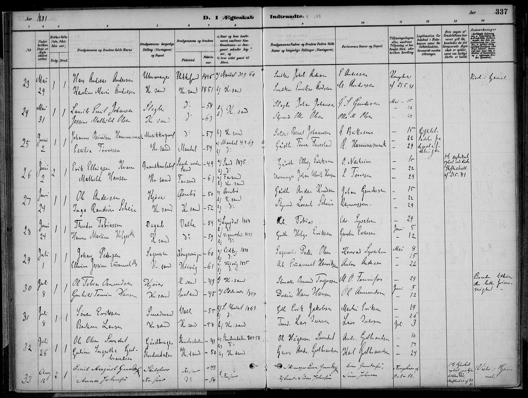 Kristiansand domprosti, SAK/1112-0006/F/Fa/L0017: Parish register (official) no. A 16B, 1880-1890, p. 337