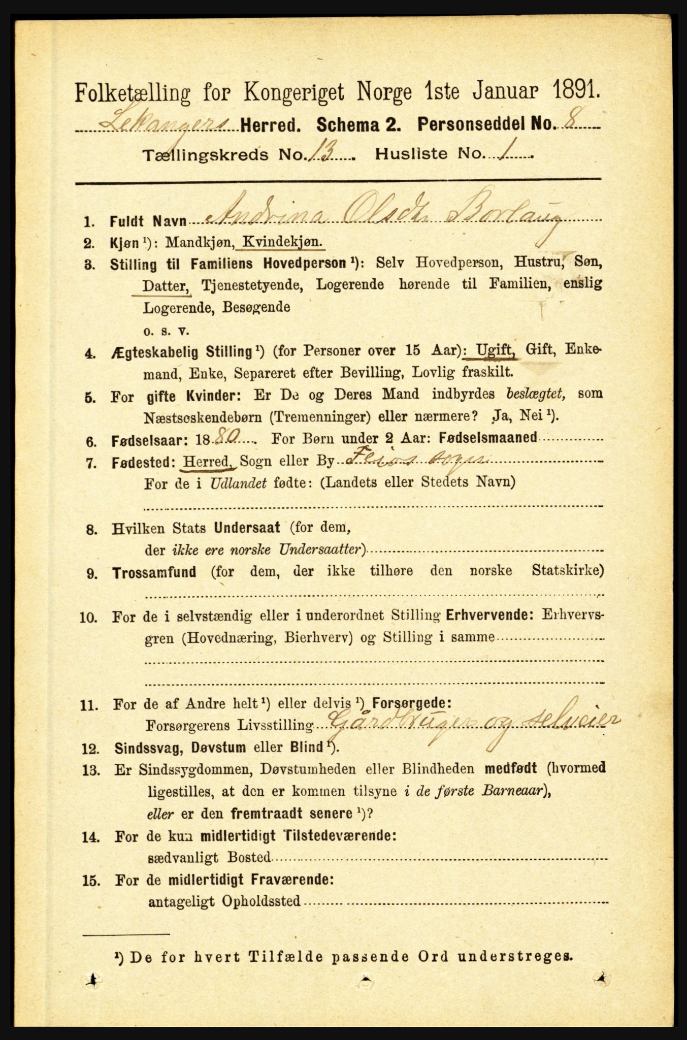 RA, 1891 census for 1419 Leikanger, 1891, p. 2462