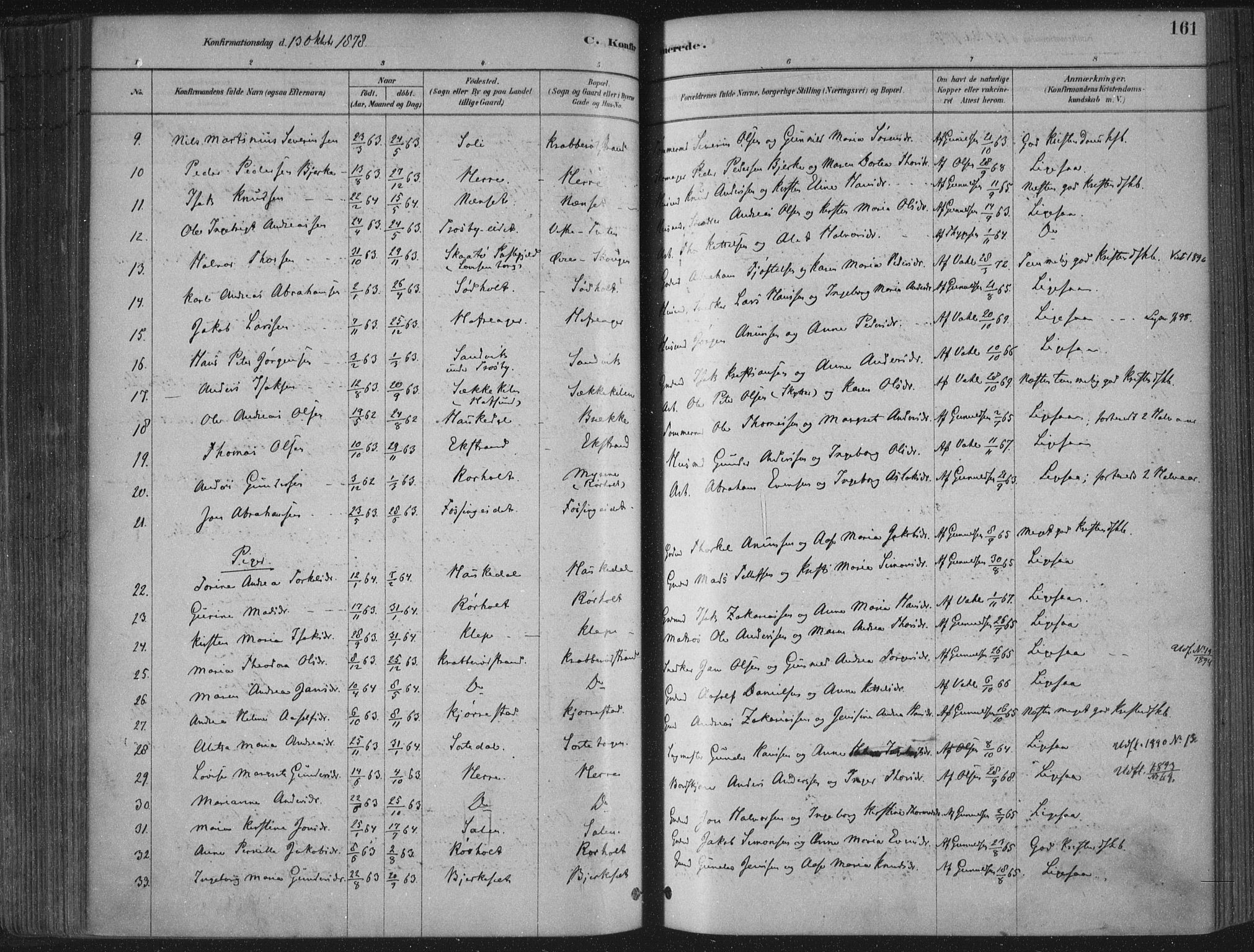 Bamble kirkebøker, SAKO/A-253/F/Fa/L0007: Parish register (official) no. I 7, 1878-1888, p. 161