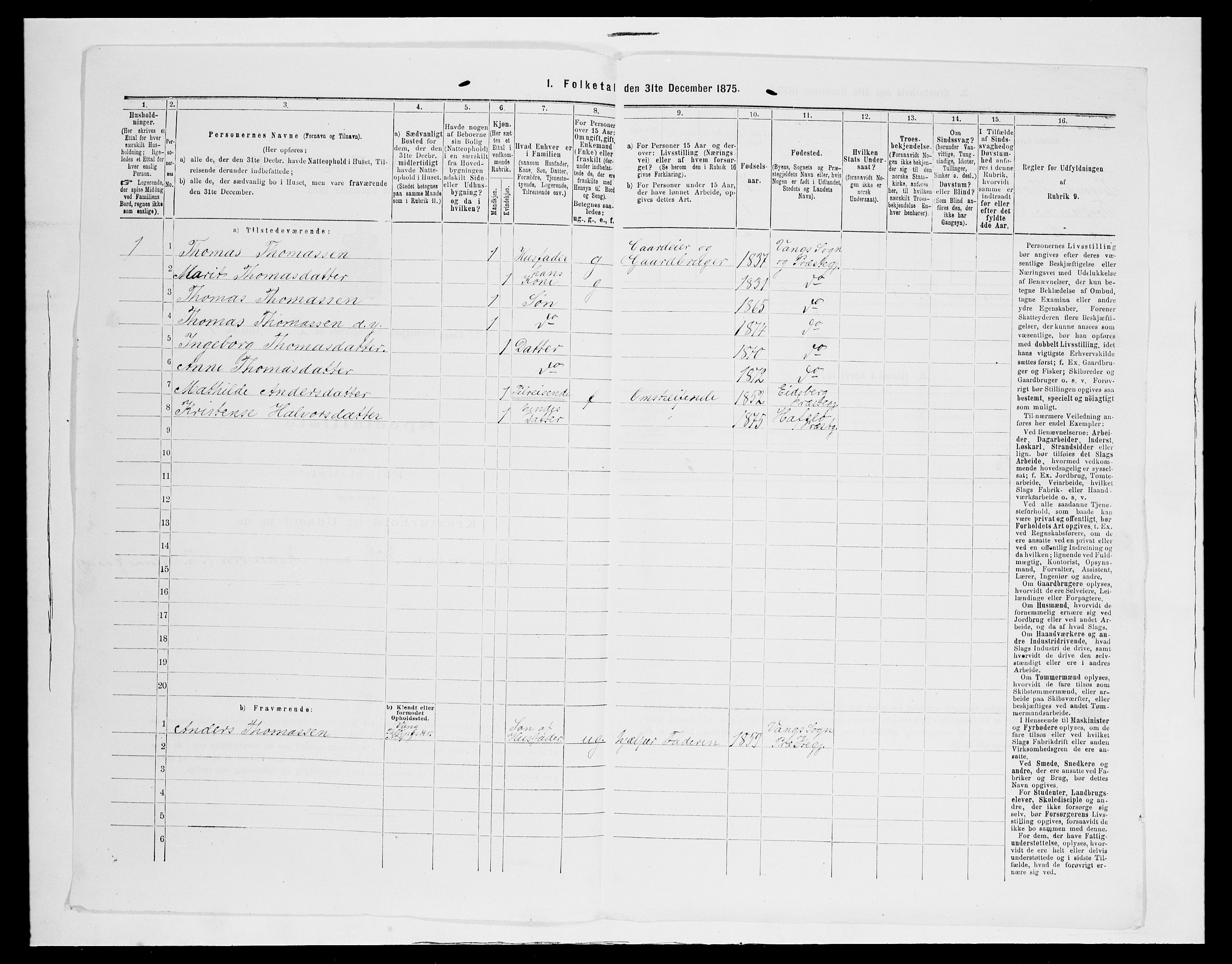 SAH, 1875 census for 0545P Vang, 1875, p. 168