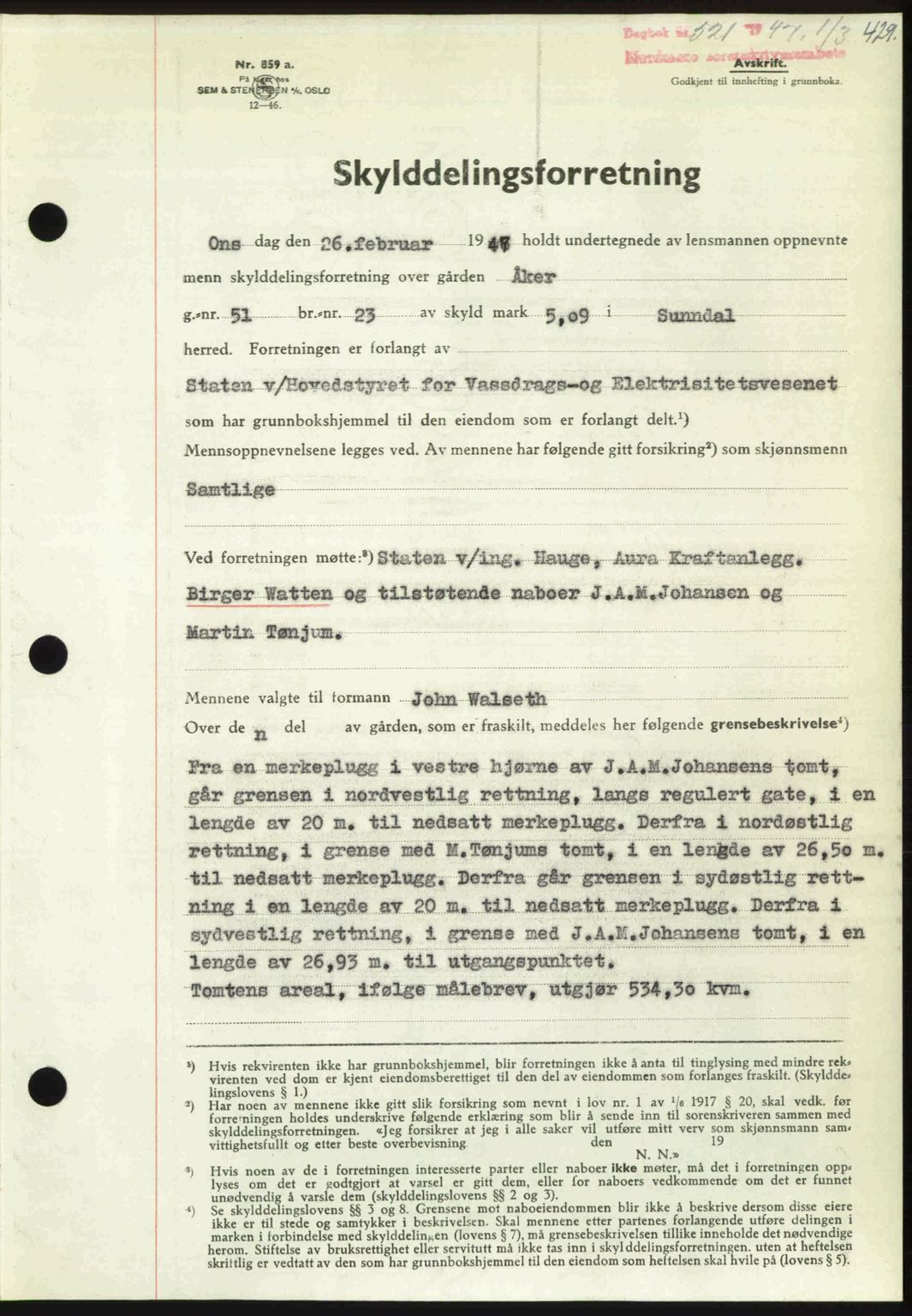 Nordmøre sorenskriveri, AV/SAT-A-4132/1/2/2Ca: Mortgage book no. A104, 1947-1947, Diary no: : 521/1947