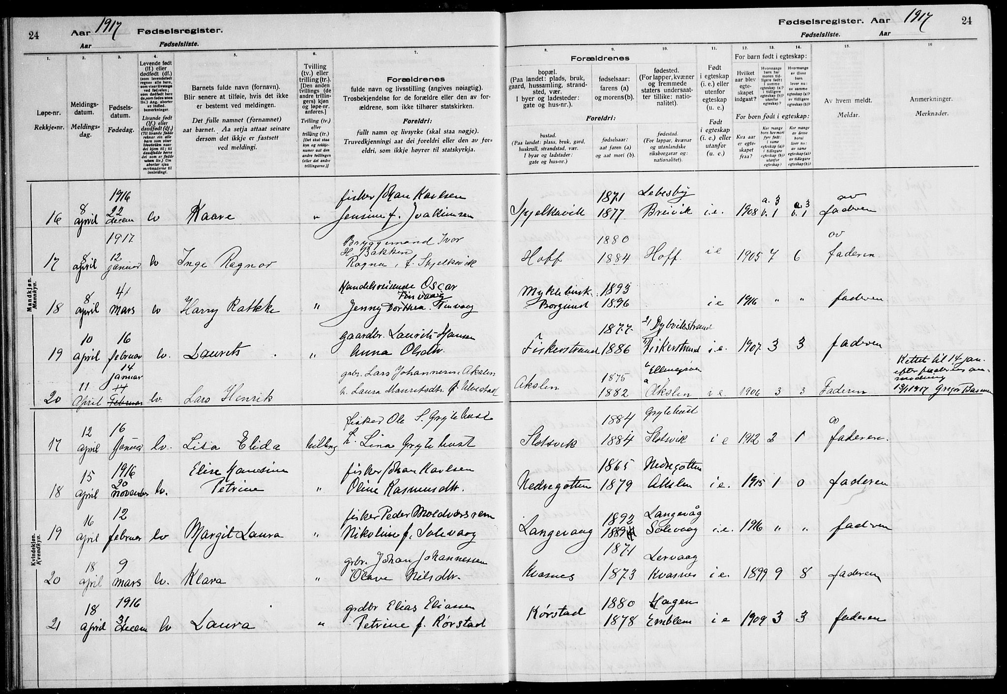 Ministerialprotokoller, klokkerbøker og fødselsregistre - Møre og Romsdal, AV/SAT-A-1454/528/L0442: Birth register no. 528.II.4.1, 1916-1924, p. 24