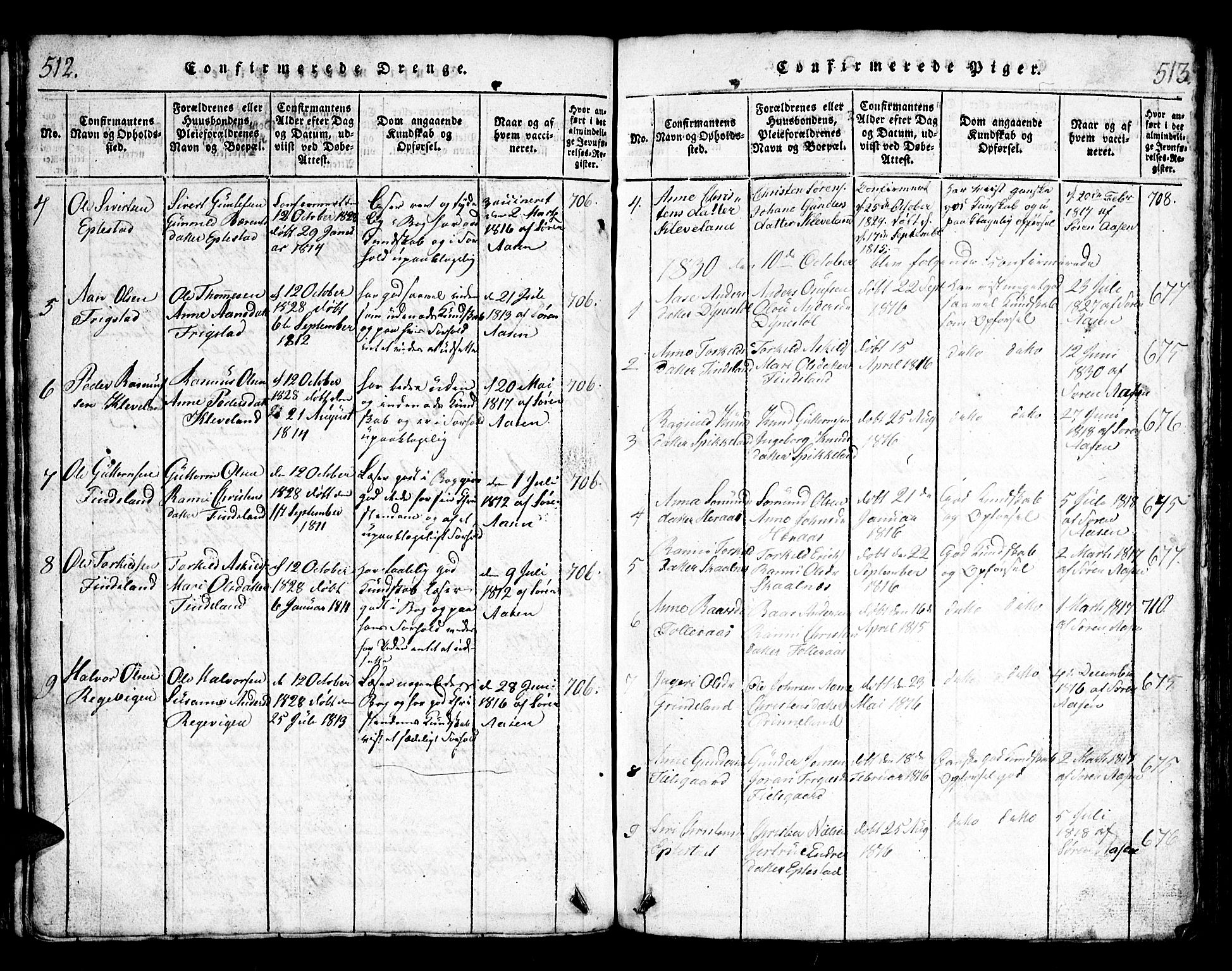 Bjelland sokneprestkontor, SAK/1111-0005/F/Fb/Fbb/L0003: Parish register (copy) no. B 3, 1816-1868, p. 512-513
