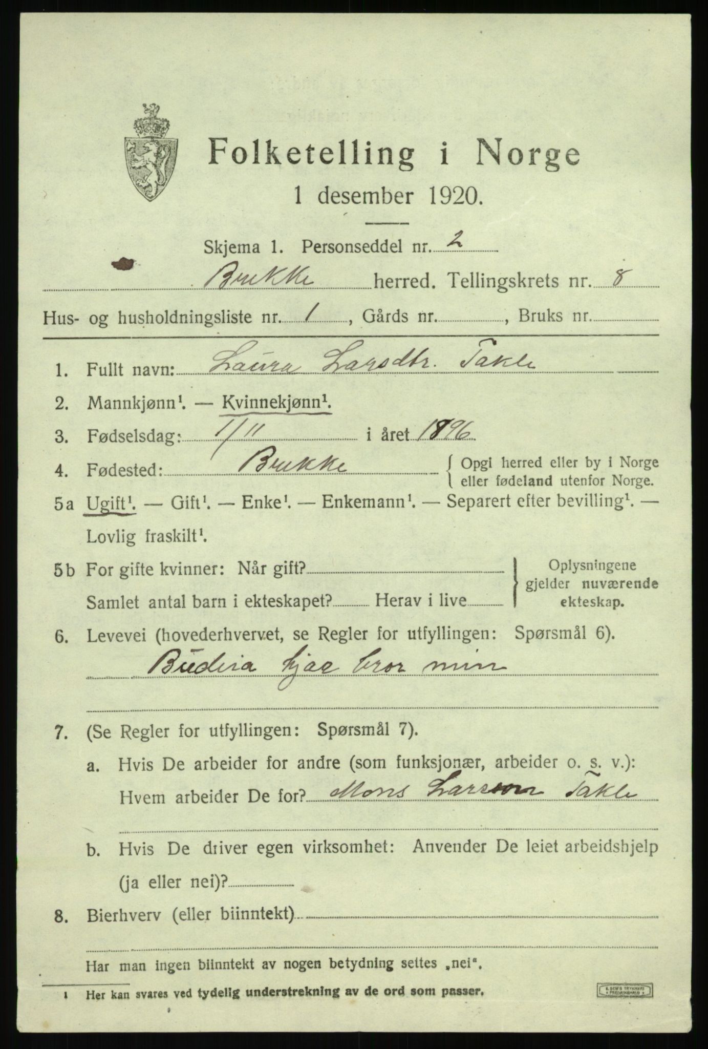 SAB, 1920 census for Brekke, 1920, p. 1726