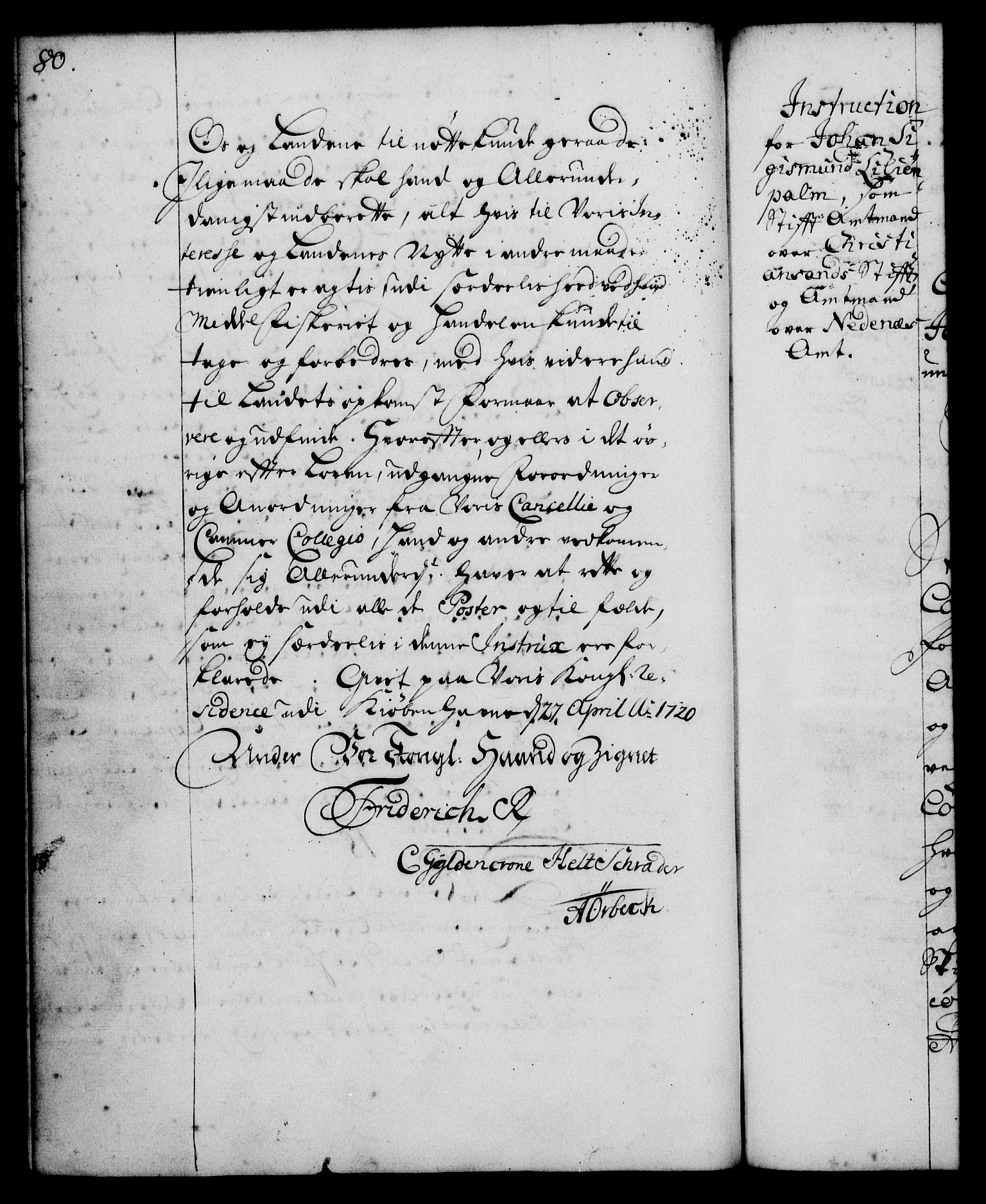 Rentekammeret, Kammerkanselliet, RA/EA-3111/G/Gg/Ggi/L0001: Norsk instruksjonsprotokoll med register (merket RK 53.34), 1720-1729, p. 80