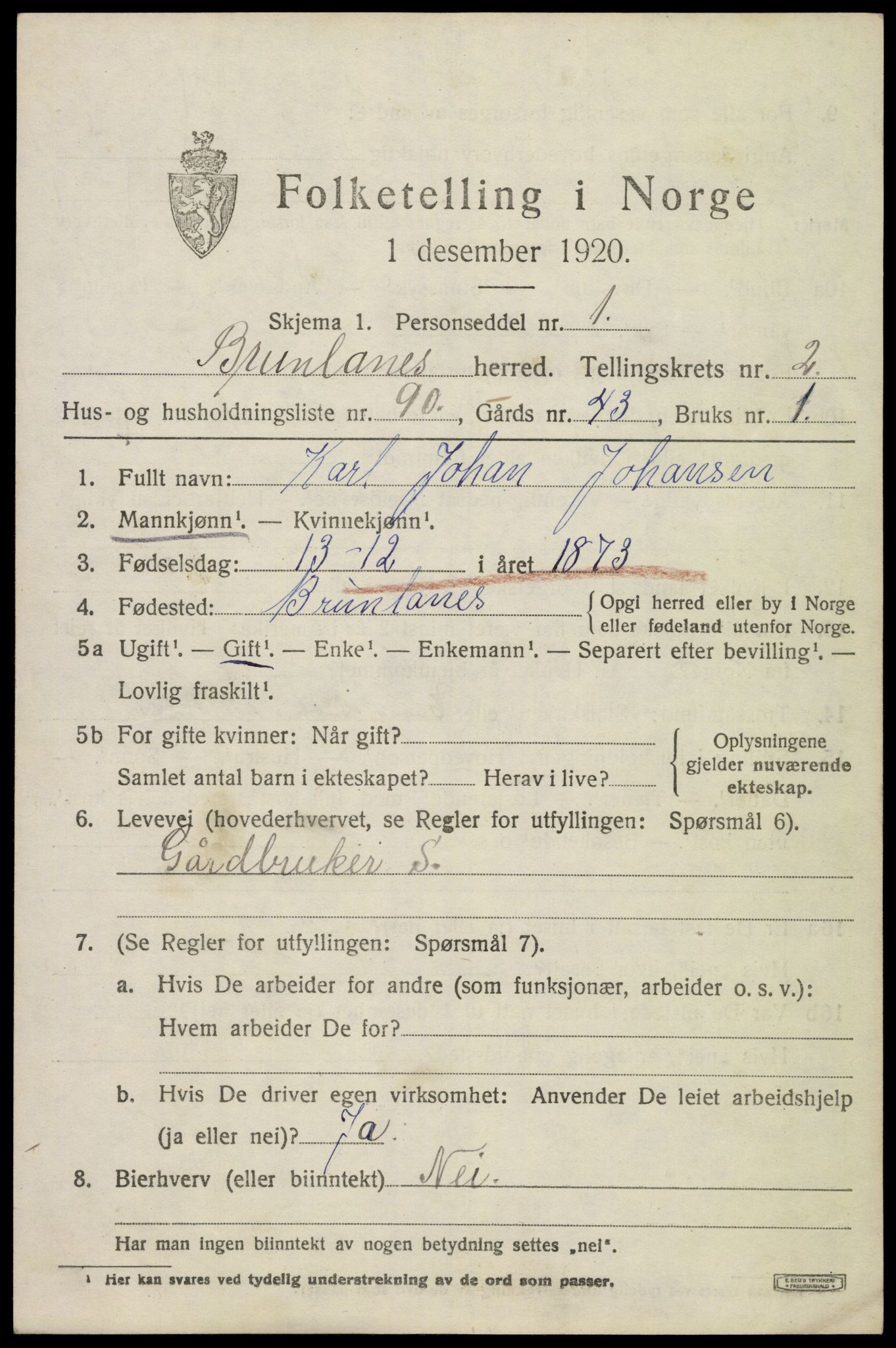 SAKO, 1920 census for Brunlanes, 1920, p. 4505