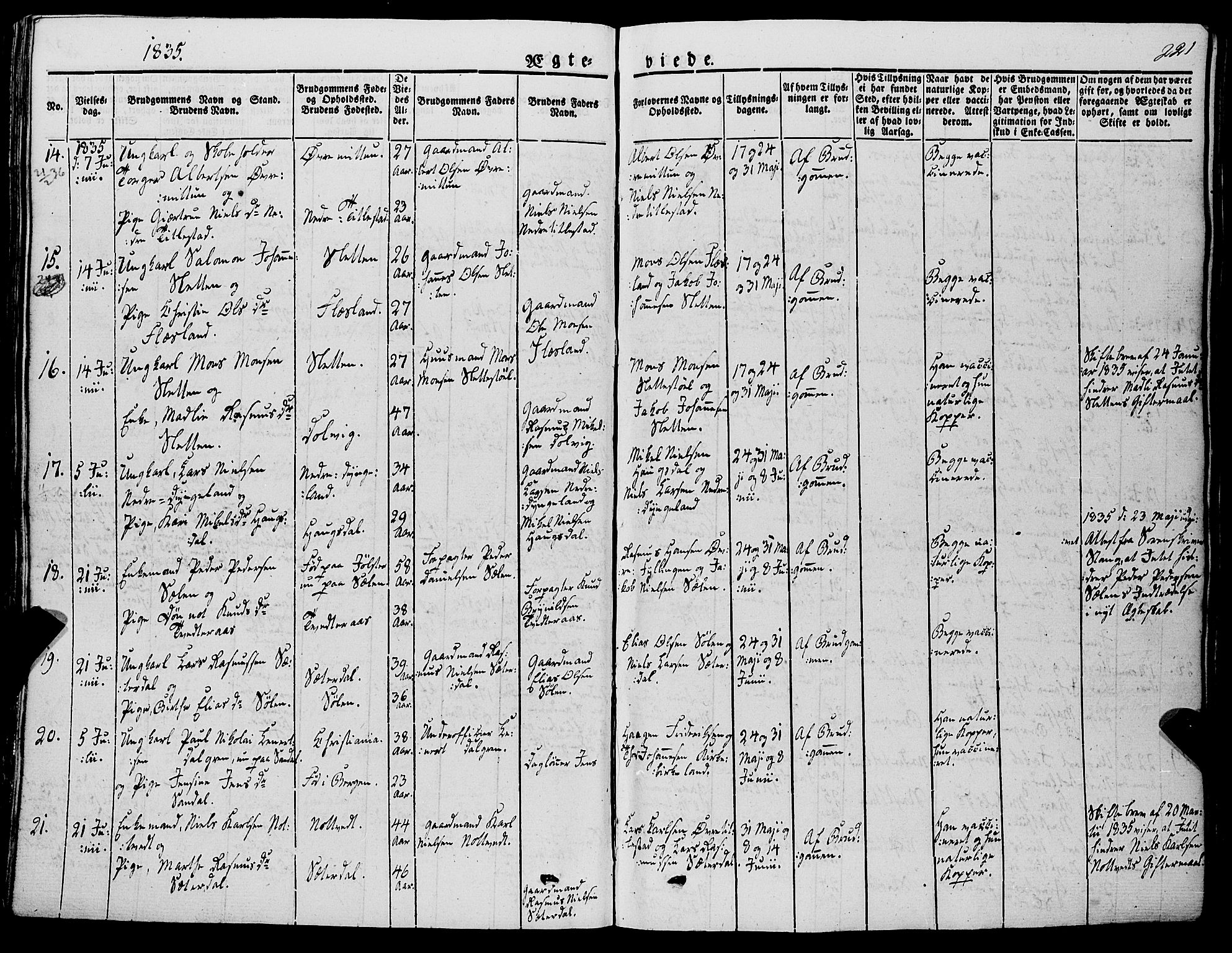 Fana Sokneprestembete, SAB/A-75101/H/Haa/Haaa/L0008: Parish register (official) no. A 8, 1829-1851, p. 221