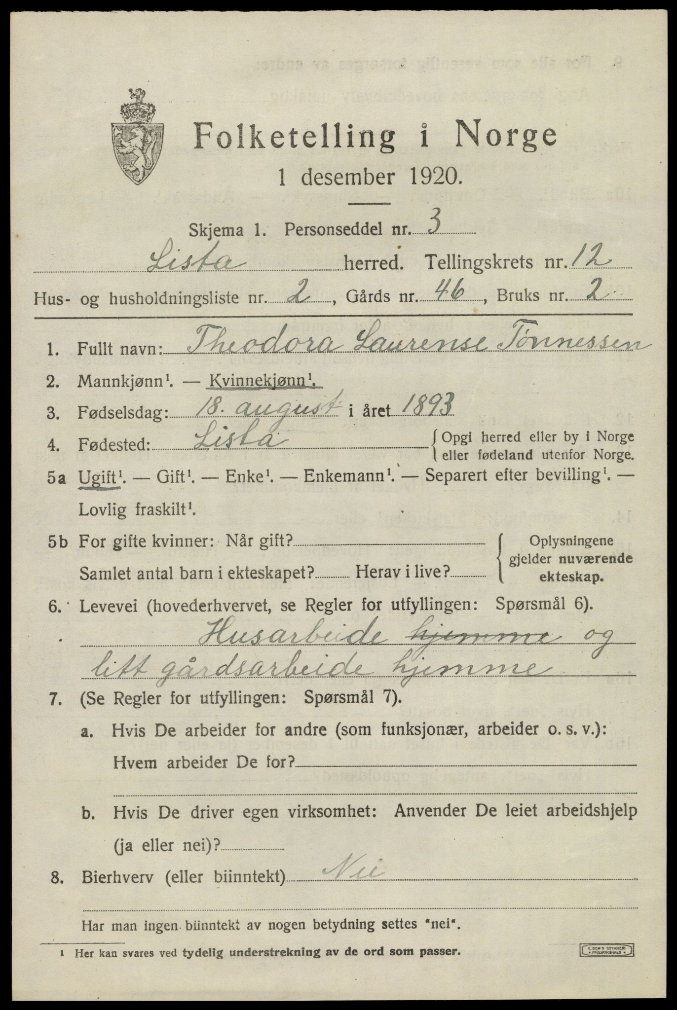 SAK, 1920 census for Lista, 1920, p. 11513