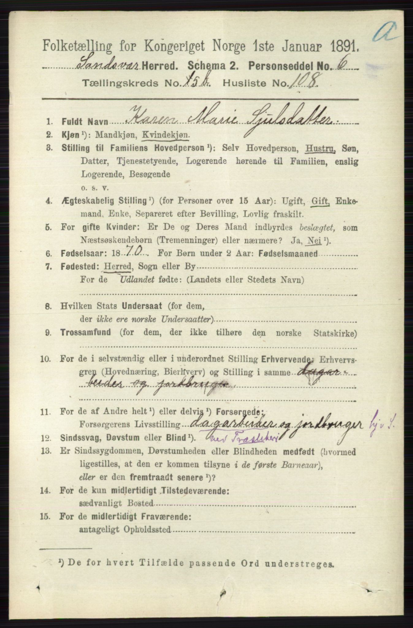 RA, 1891 census for 0629 Sandsvær, 1891, p. 3300