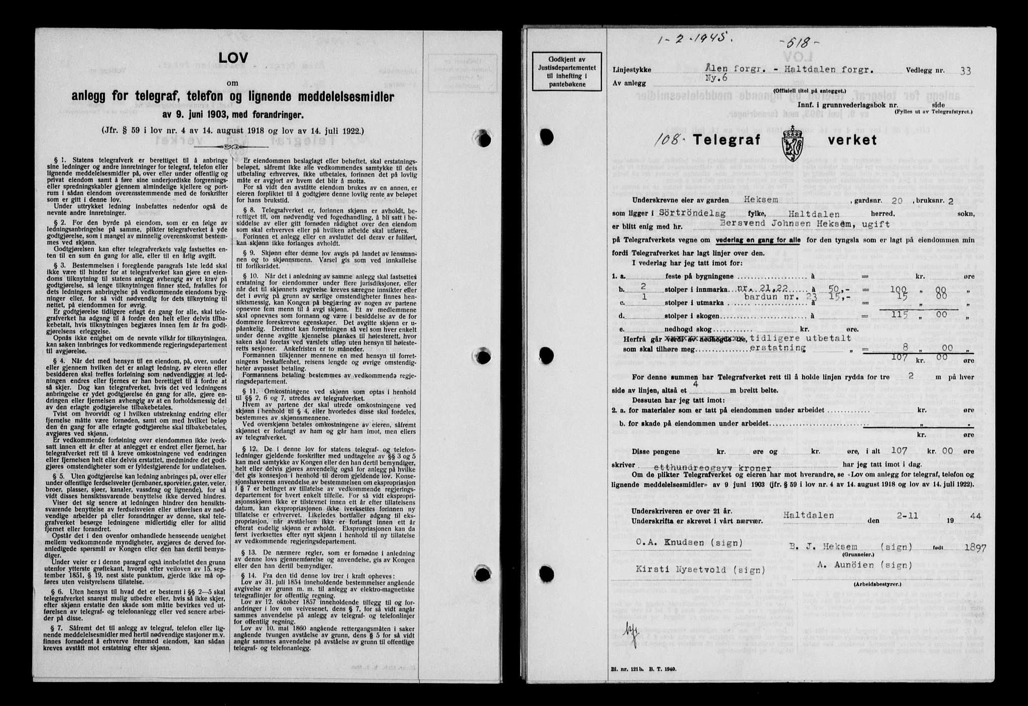 Gauldal sorenskriveri, SAT/A-0014/1/2/2C/L0058: Mortgage book no. 63, 1944-1945, Diary no: : 108/1945