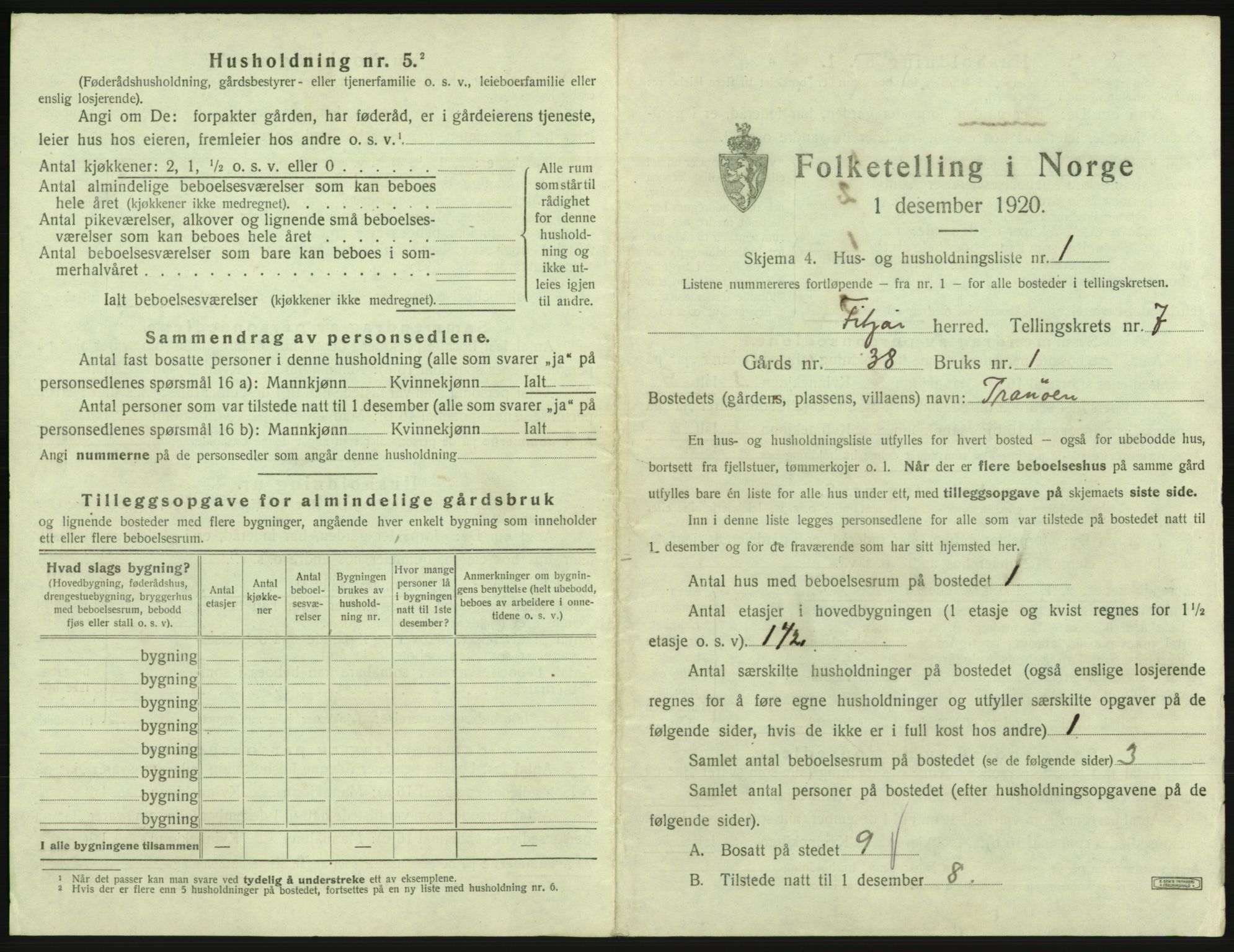 SAB, 1920 census for Fitjar, 1920, p. 412