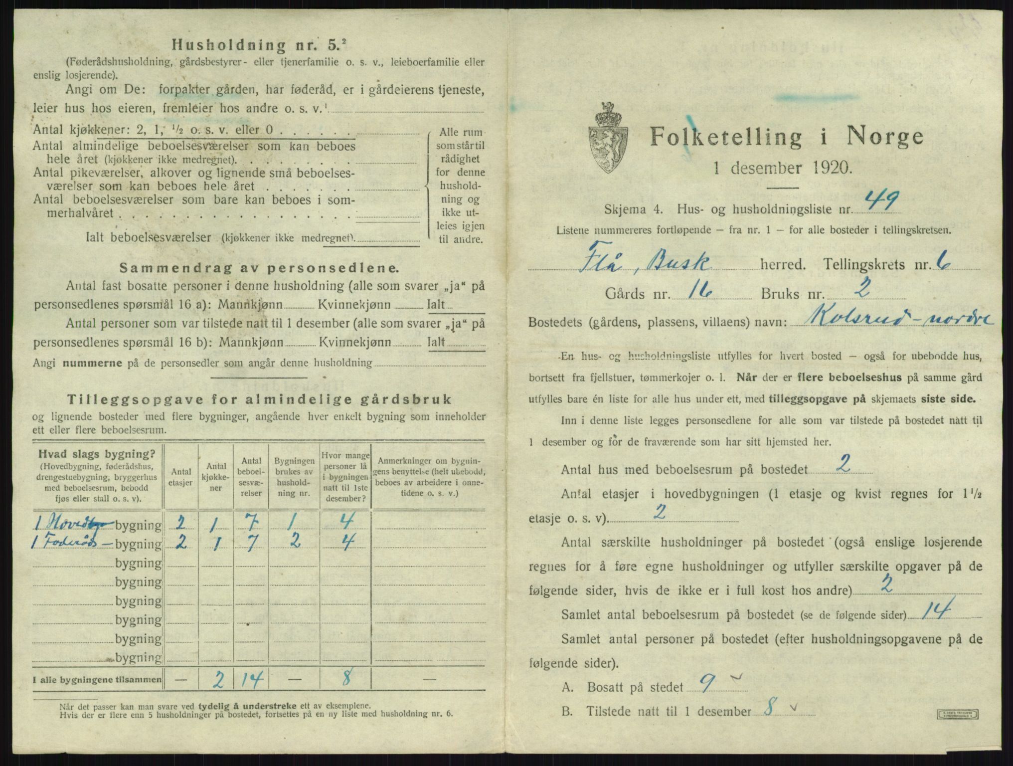 SAKO, 1920 census for Flå, 1920, p. 647