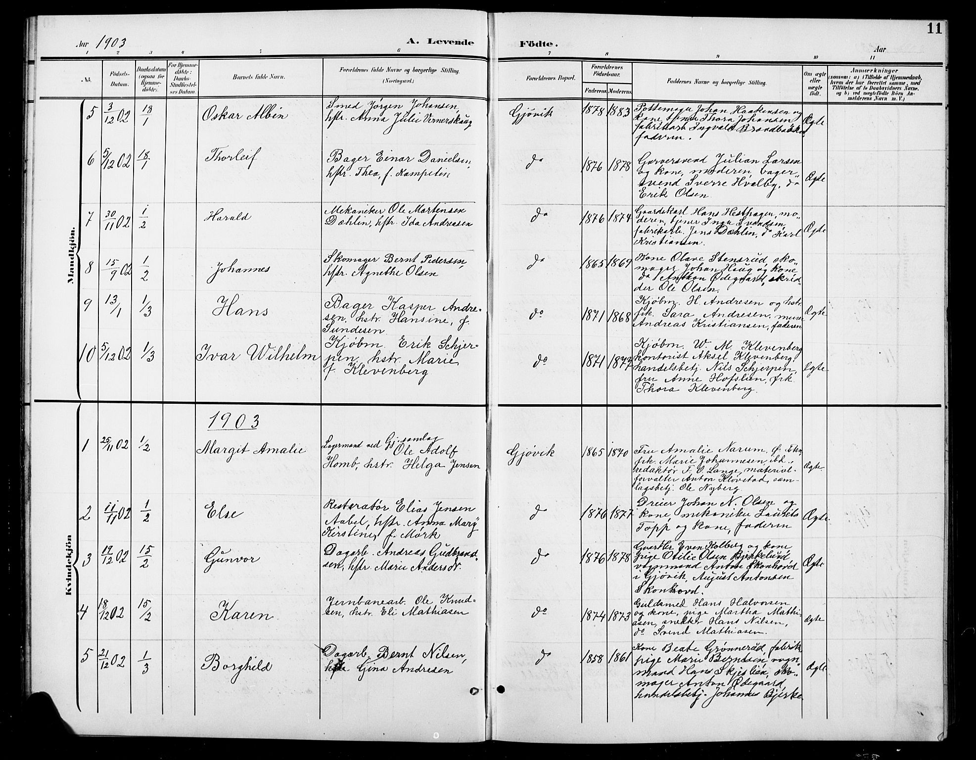 Vardal prestekontor, AV/SAH-PREST-100/H/Ha/Hab/L0012: Parish register (copy) no. 12, 1902-1911, p. 11