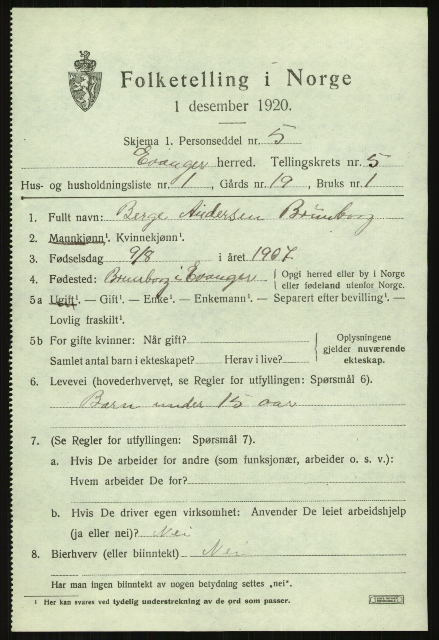 SAB, 1920 census for Evanger, 1920, p. 1665