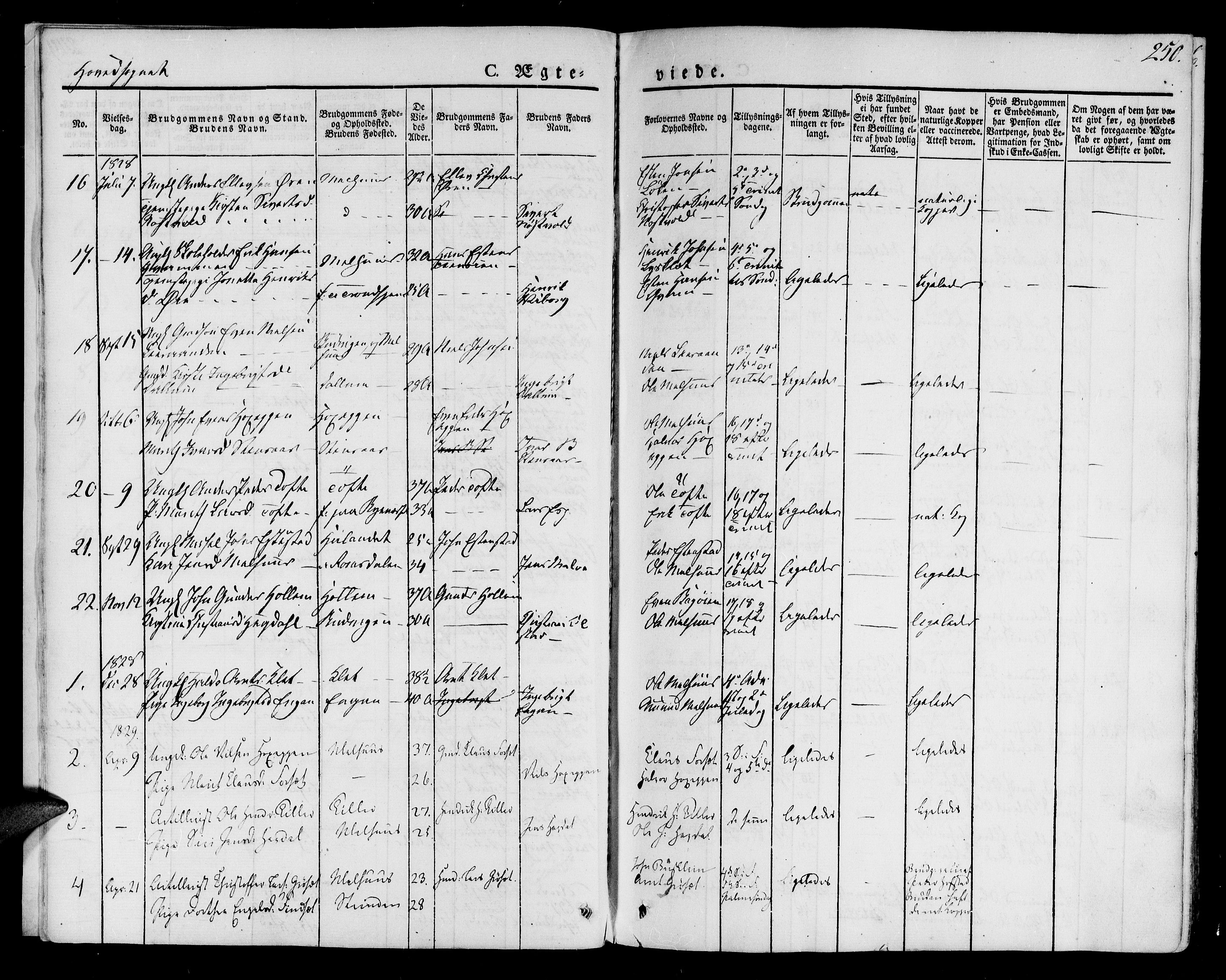 Ministerialprotokoller, klokkerbøker og fødselsregistre - Sør-Trøndelag, SAT/A-1456/691/L1070: Parish register (official) no. 691A05 /1, 1826-1841, p. 250