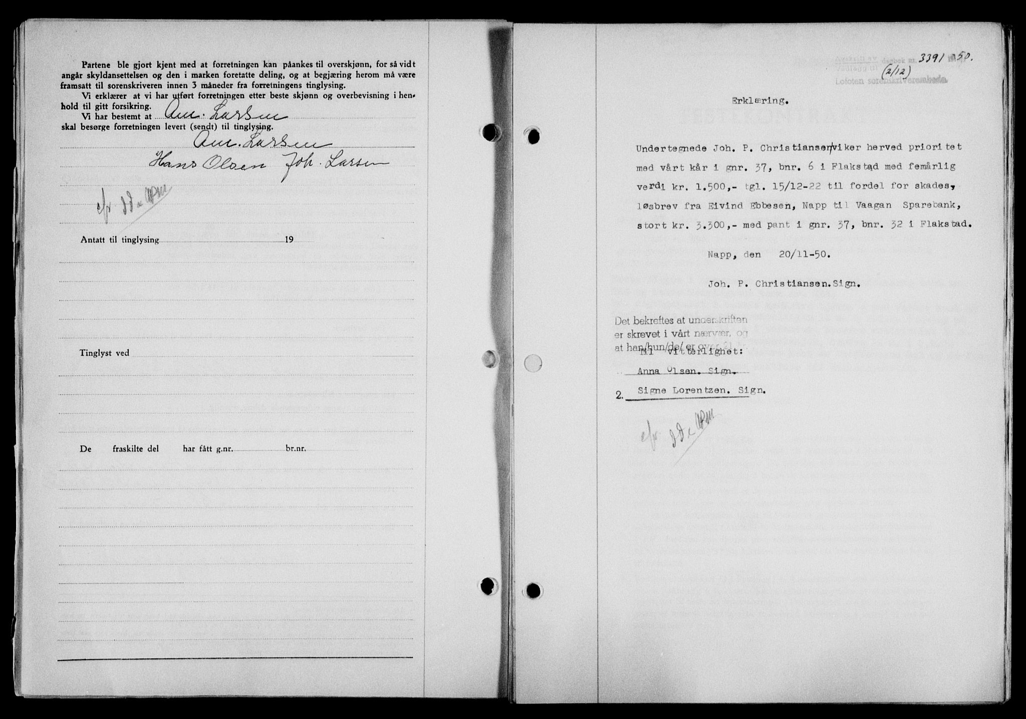 Lofoten sorenskriveri, SAT/A-0017/1/2/2C/L0025a: Mortgage book no. 25a, 1950-1951, Diary no: : 3391/1950