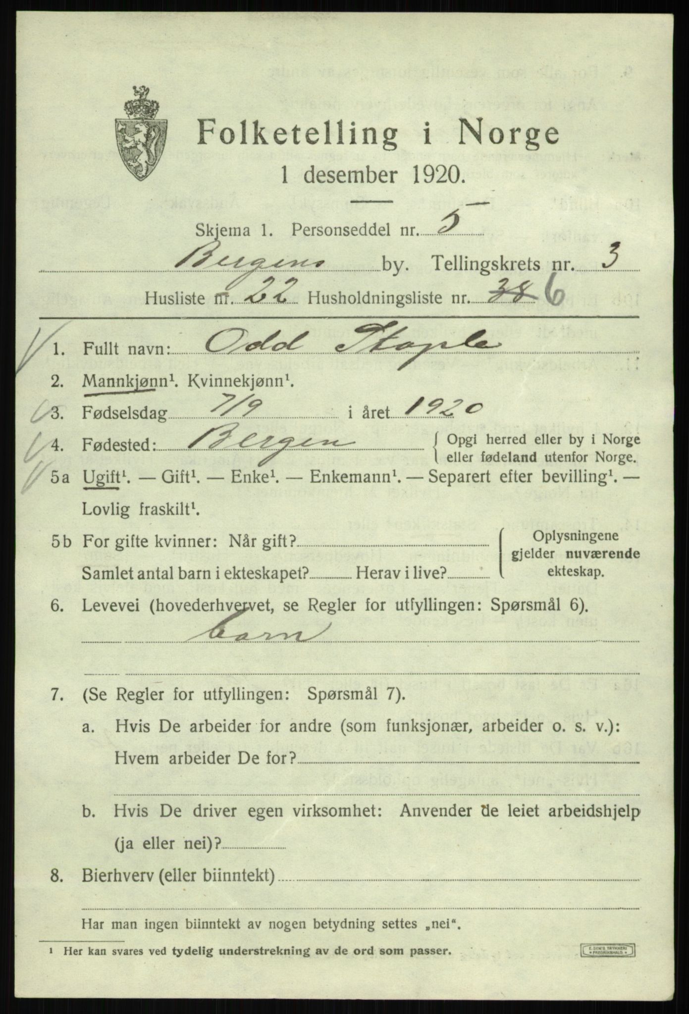 SAB, 1920 census for Bergen, 1920, p. 62119
