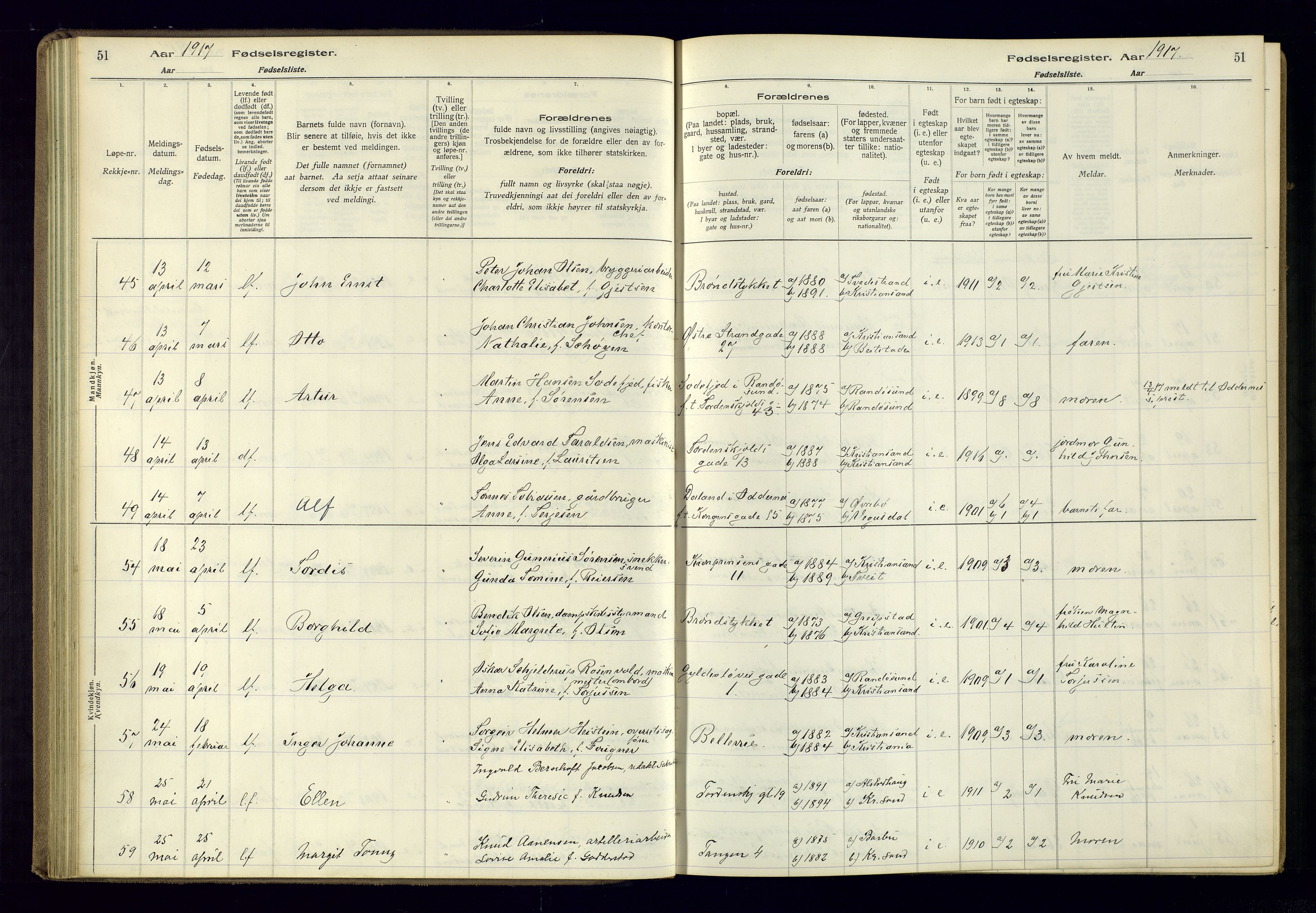 Kristiansand domprosti, AV/SAK-1112-0006/J/Jc/L0001: Birth register no. A-VI-45, 1916-1921, p. 51