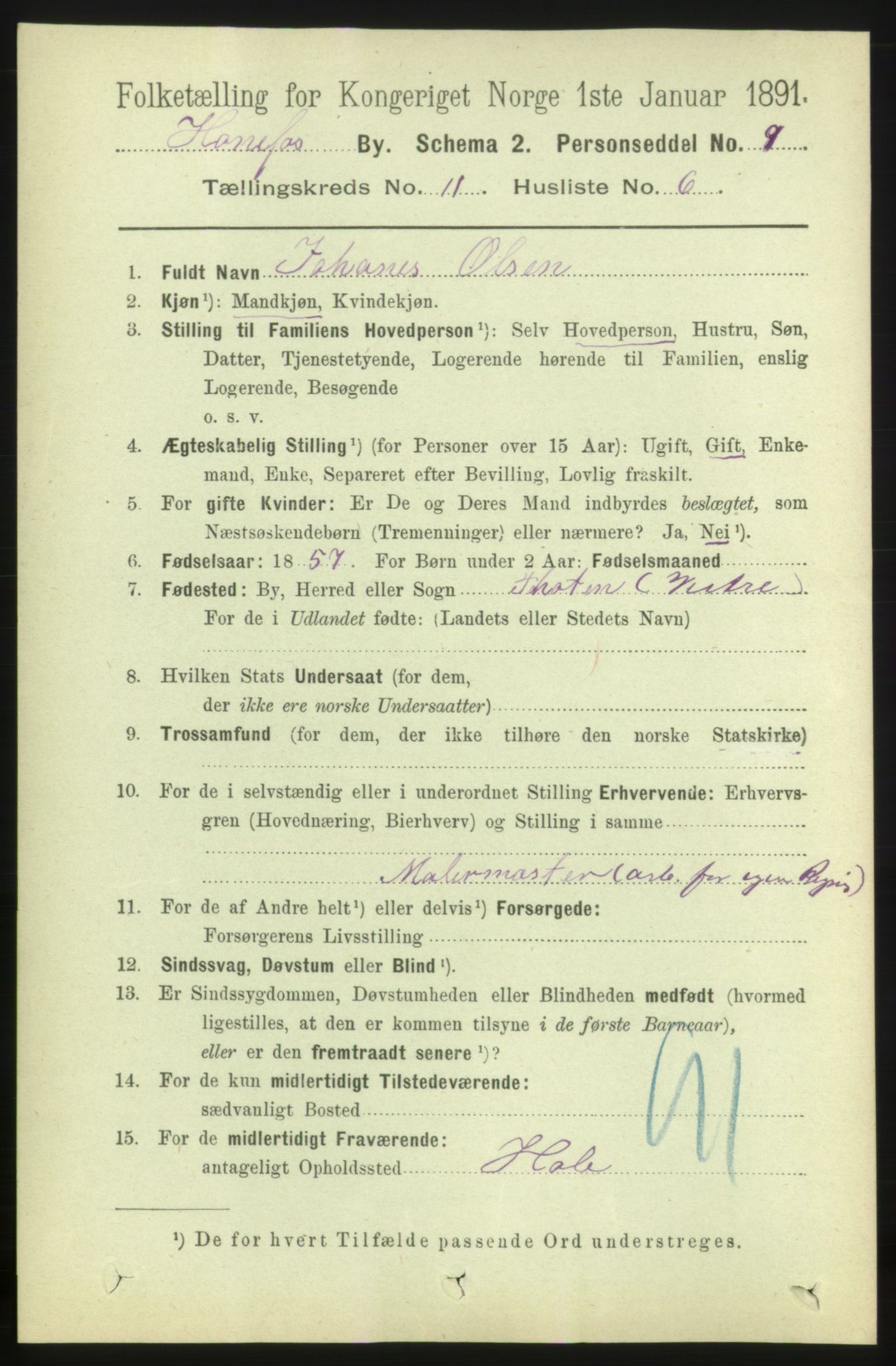 RA, 1891 census for 0601 Hønefoss, 1891, p. 1535