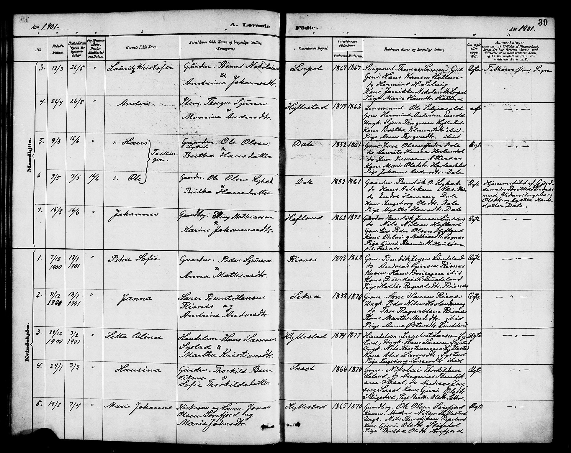 Hyllestad sokneprestembete, SAB/A-80401: Parish register (official) no. B 1, 1886-1904, p. 39