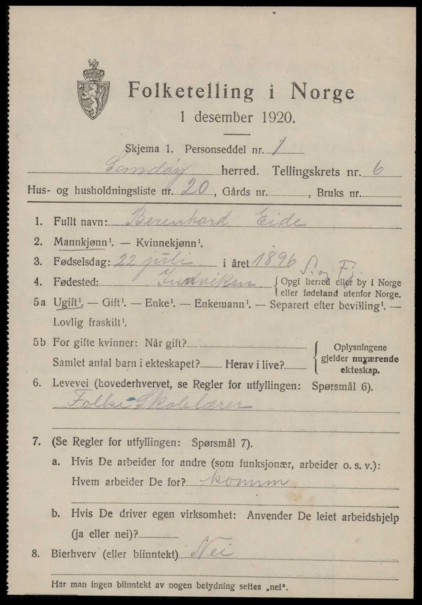 SAT, 1920 census for Sandøy, 1920, p. 2302