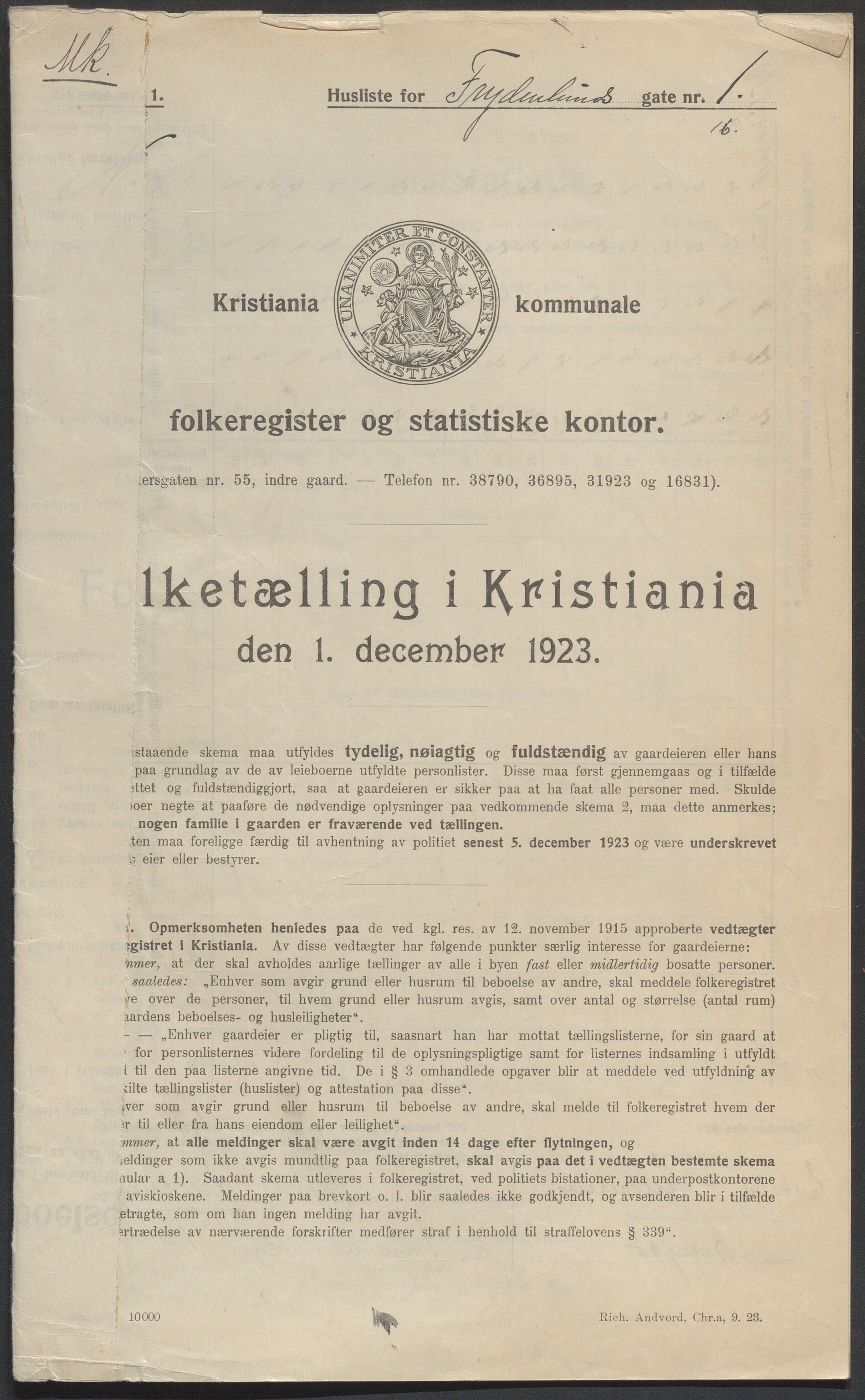 OBA, Municipal Census 1923 for Kristiania, 1923, p. 31454