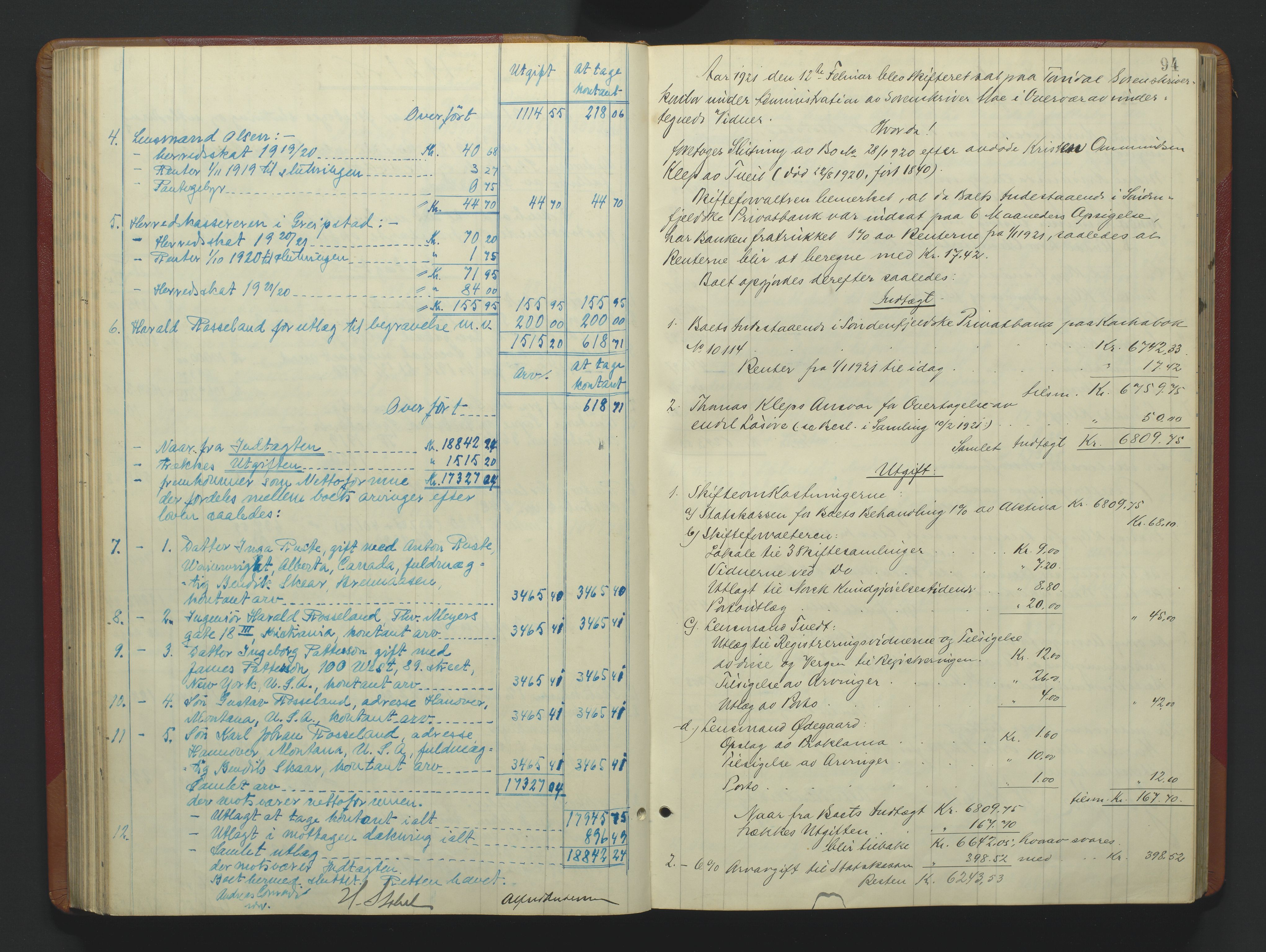 Torridal sorenskriveri, SAK/1221-0012/H/Hc/L0037: Skifteutlodningsprotokoll med navneregister nr. 6, 1918-1927, p. 94