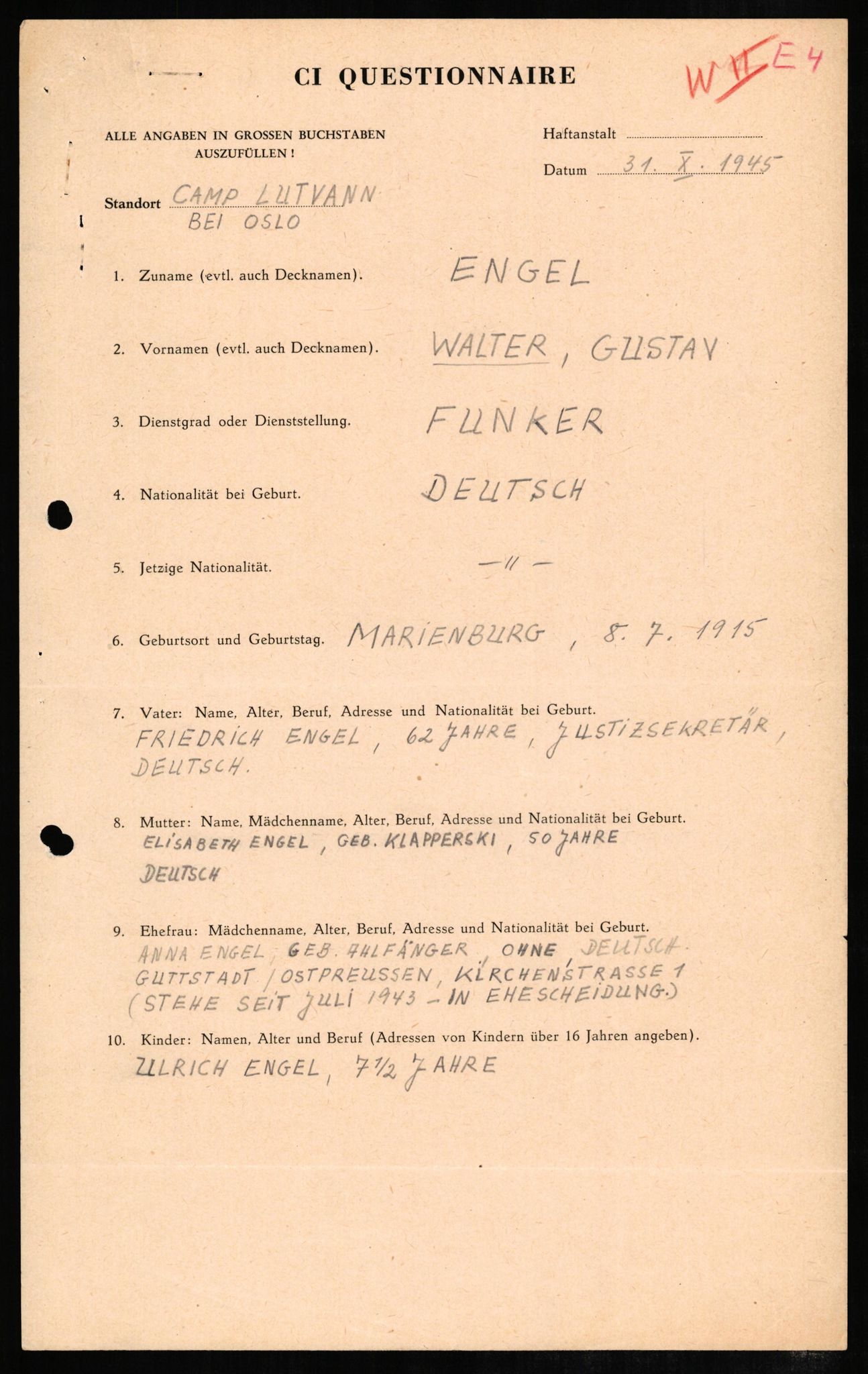 Forsvaret, Forsvarets overkommando II, RA/RAFA-3915/D/Db/L0007: CI Questionaires. Tyske okkupasjonsstyrker i Norge. Tyskere., 1945-1946, p. 210