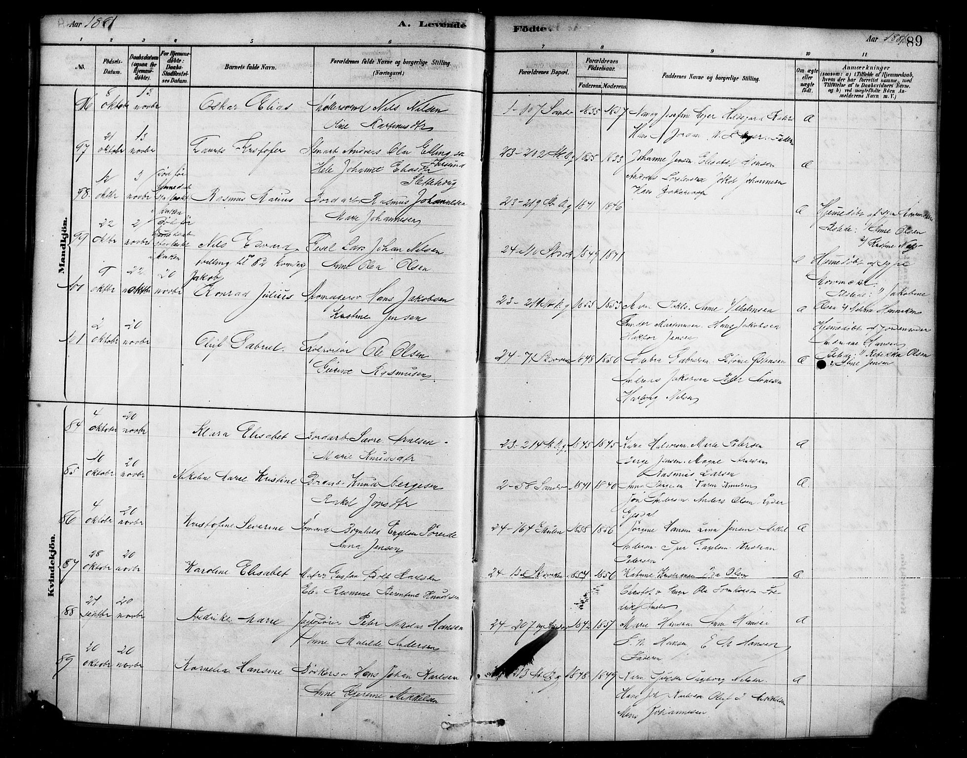 Sandviken Sokneprestembete, AV/SAB-A-77601/H/Ha/L0004: Parish register (official) no. B 1, 1878-1891, p. 89