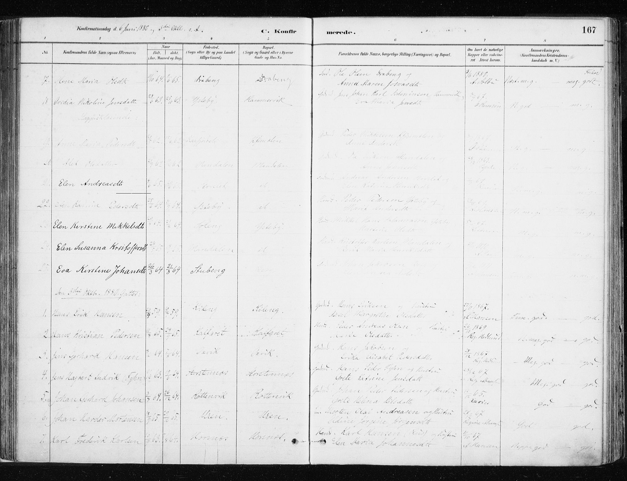 Lyngen sokneprestembete, AV/SATØ-S-1289/H/He/Hea/L0007kirke: Parish register (official) no. 7, 1879-1890, p. 167