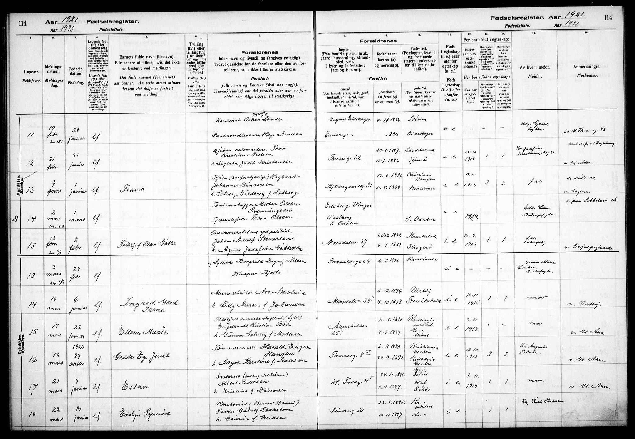 Gamle Aker prestekontor Kirkebøker, AV/SAO-A-10617a/J/L0001: Birth register no. 1, 1916-1927, p. 114