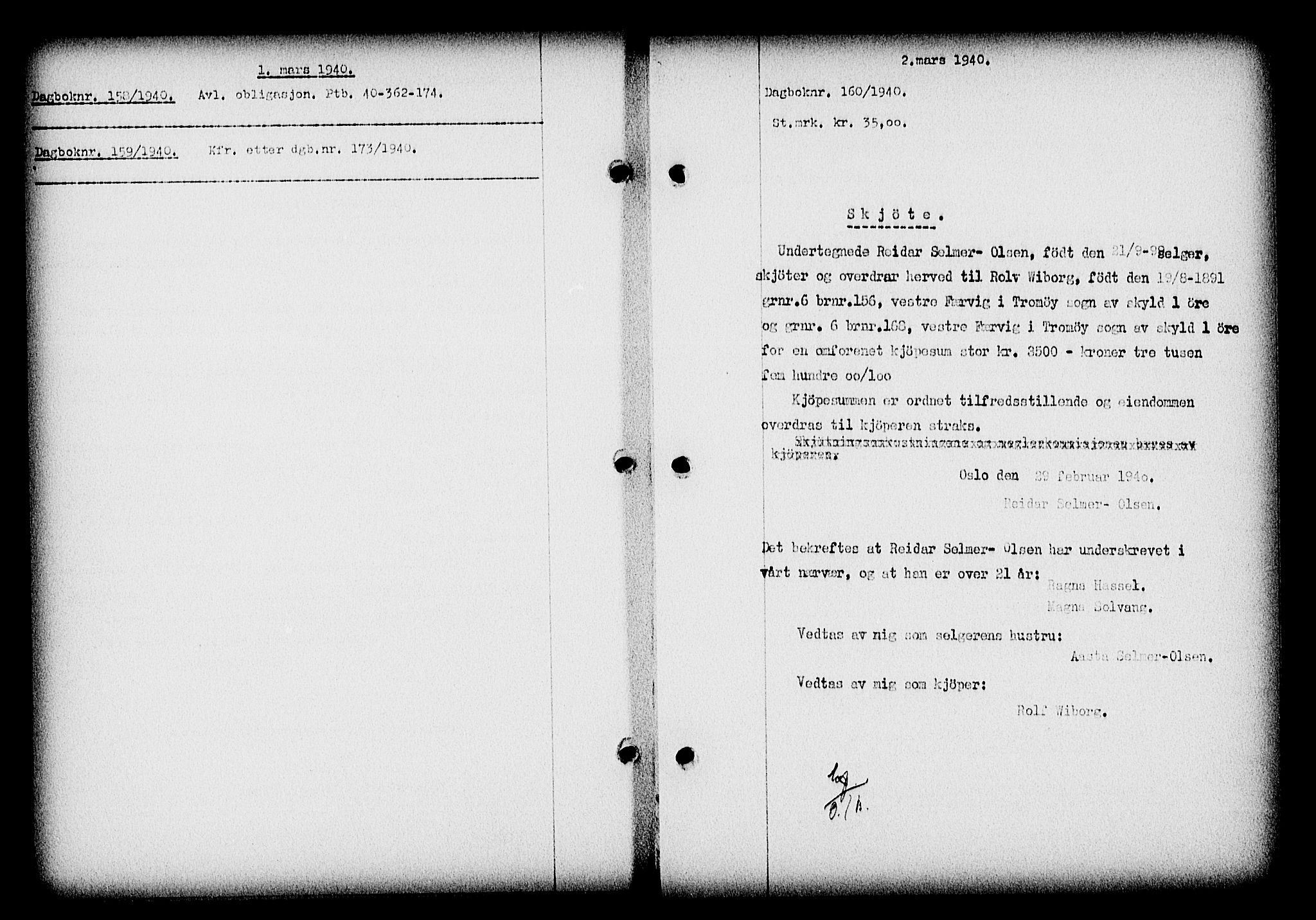 Nedenes sorenskriveri, SAK/1221-0006/G/Gb/Gba/L0047: Mortgage book no. A-I, 1939-1940, Diary no: : 160/1940
