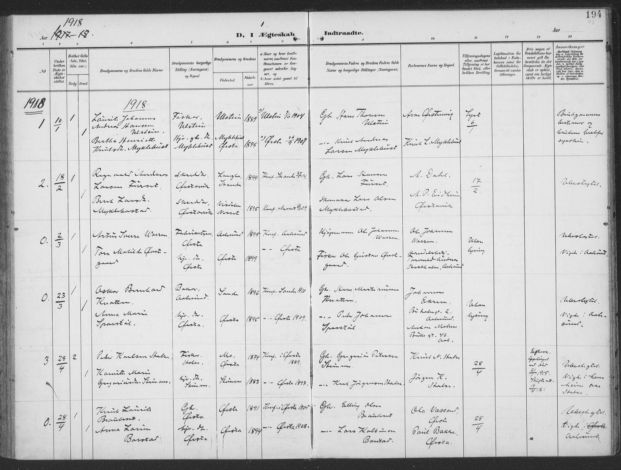 Ministerialprotokoller, klokkerbøker og fødselsregistre - Møre og Romsdal, SAT/A-1454/513/L0178: Parish register (official) no. 513A05, 1906-1919, p. 194