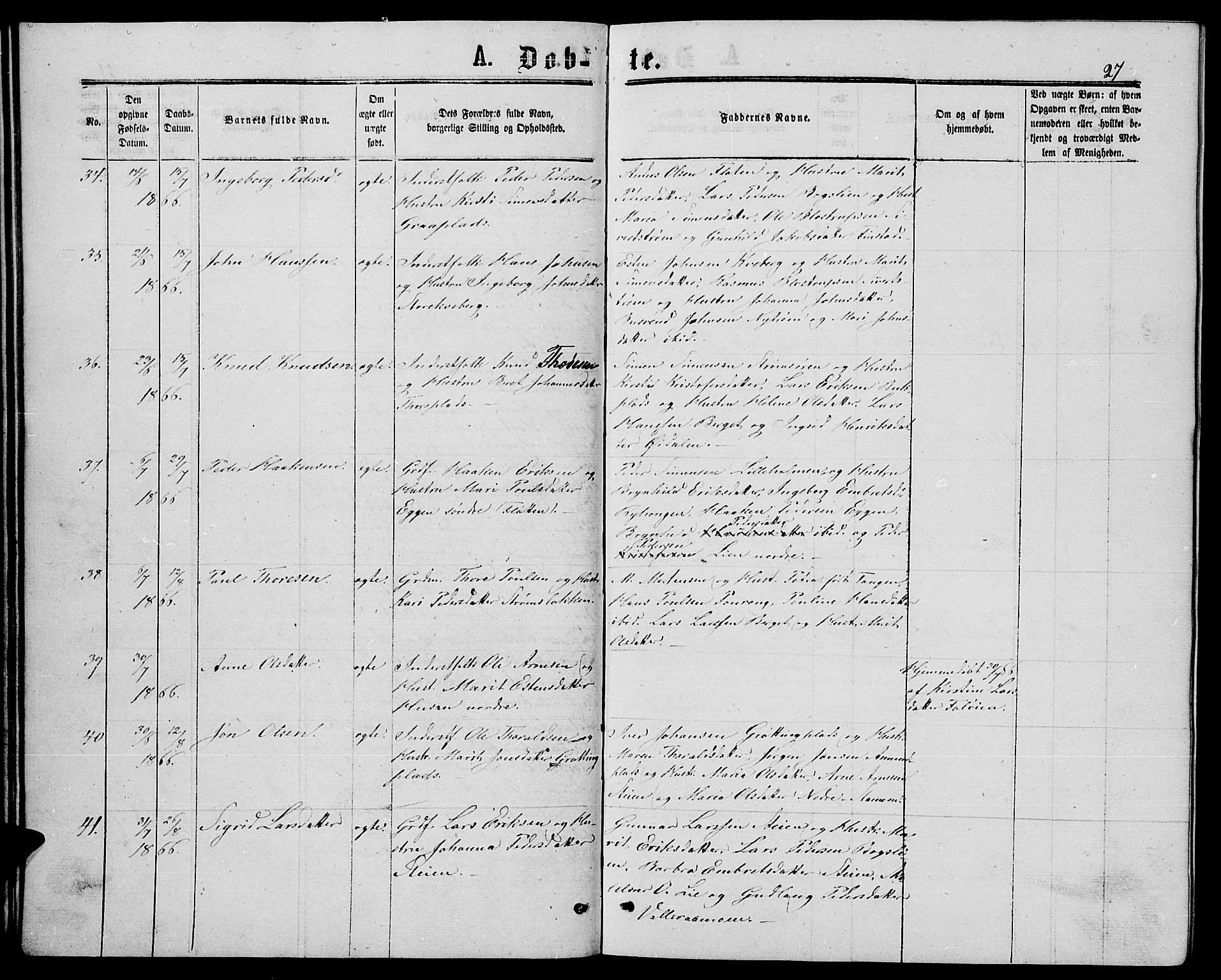 Alvdal prestekontor, SAH/PREST-060/H/Ha/Hab/L0002: Parish register (copy) no. 2, 1863-1878, p. 27