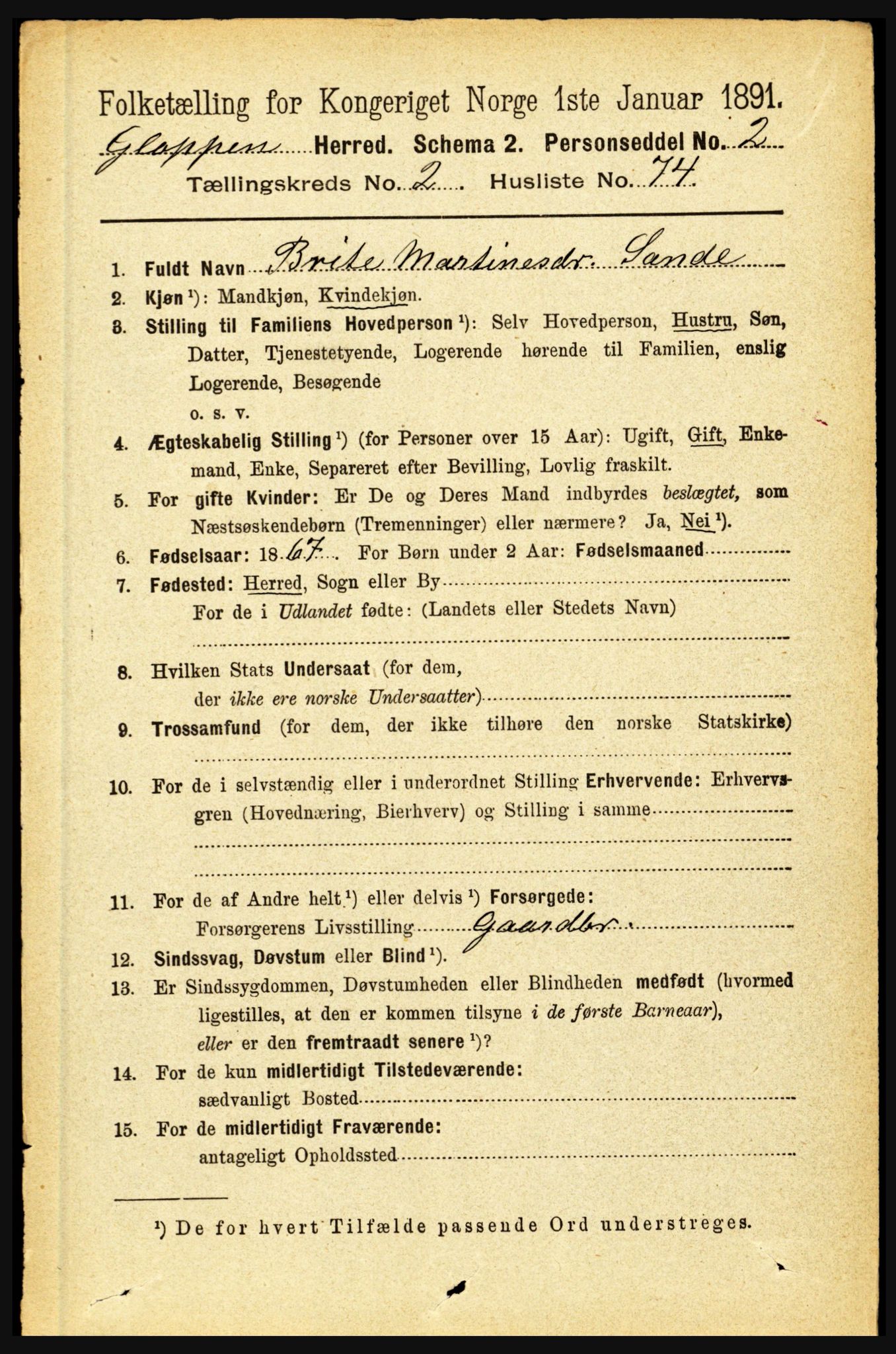 RA, 1891 census for 1445 Gloppen, 1891, p. 1134
