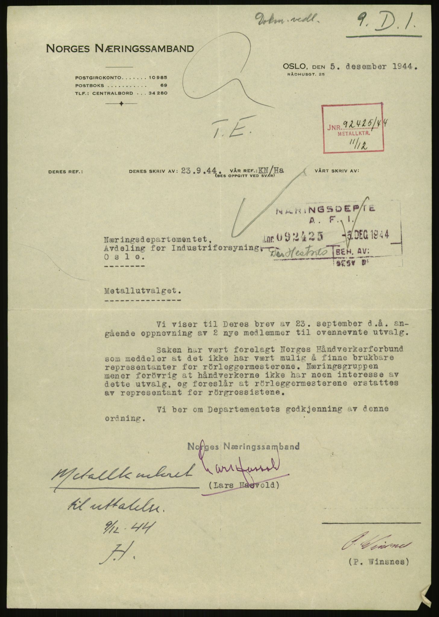 Direktoratet for industriforsyning, Sekretariatet, RA/S-4153/D/Df/L0054: 9. Metallkontoret, 1940-1945, p. 561