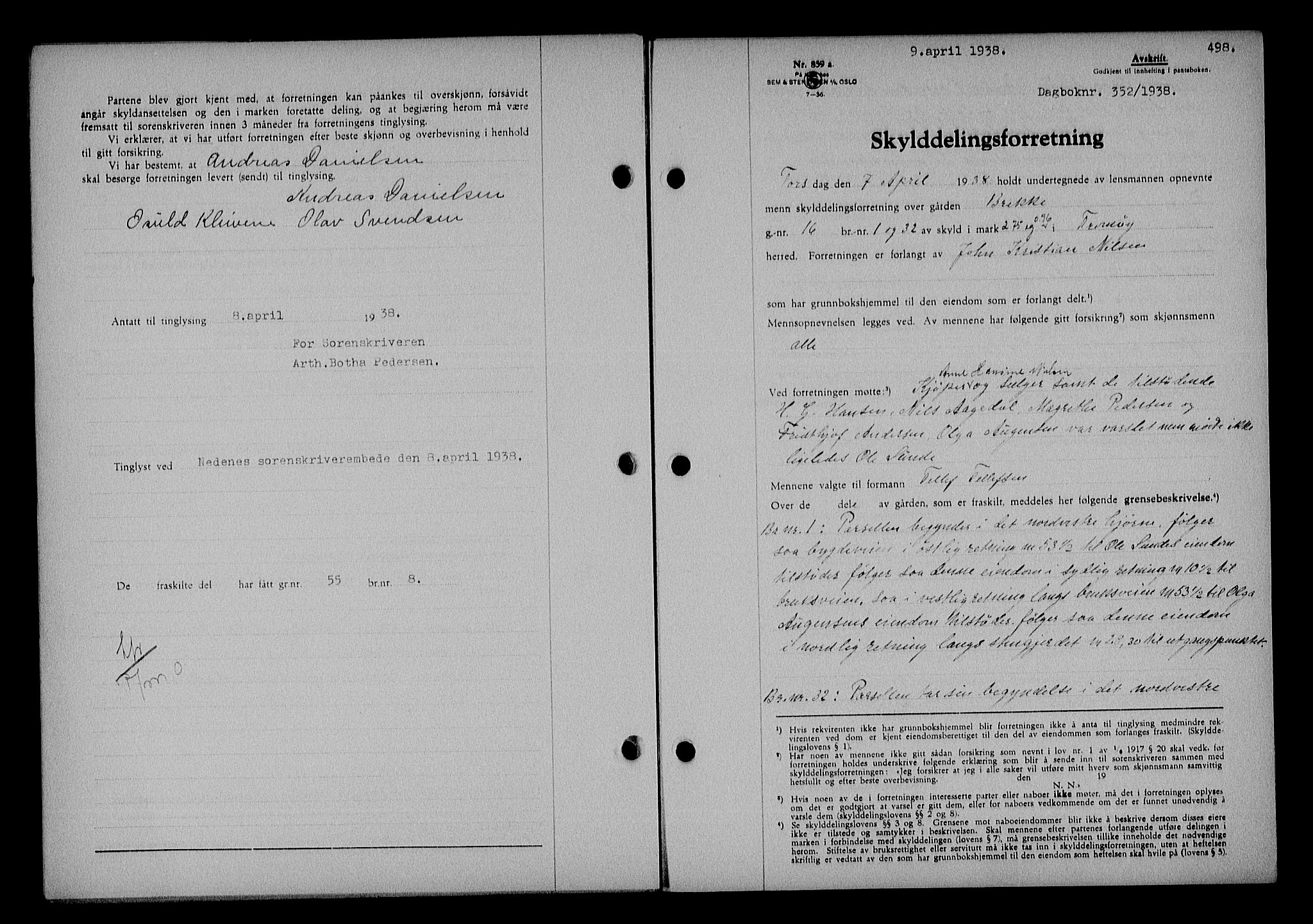 Nedenes sorenskriveri, SAK/1221-0006/G/Gb/Gba/L0044: Mortgage book no. 40, 1937-1938, Diary no: : 352/1938